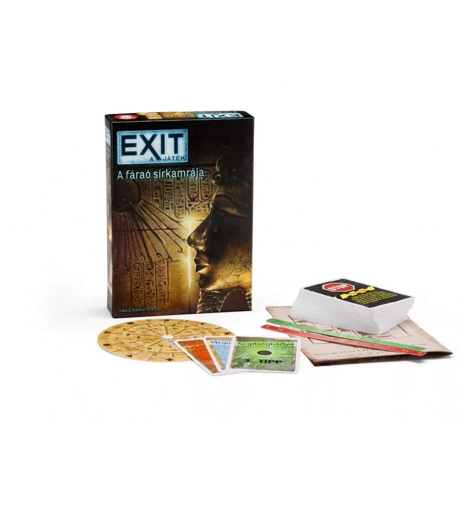 EXIT A fáraó sírkamrája társasjáték doboz és tartozékok – egyiptomi témájú szabadulószoba játék, kártyák, rejtvénykorong és feladványlapok