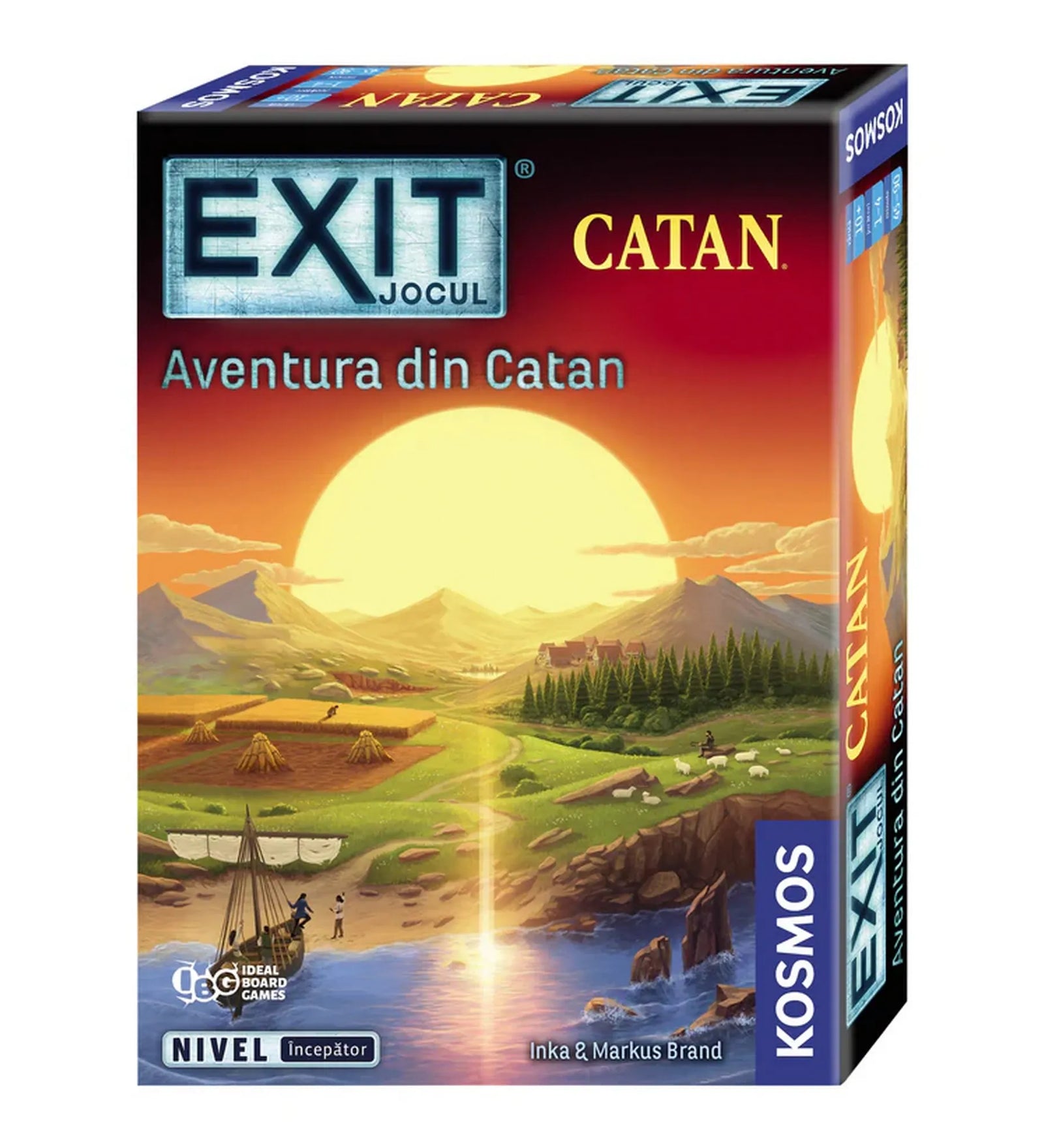 EXIT – Aventura din Catan társasjáték doboz eleje, naplementés Catan tájképpel és a kezdő nehézségi szint megjelölésével.