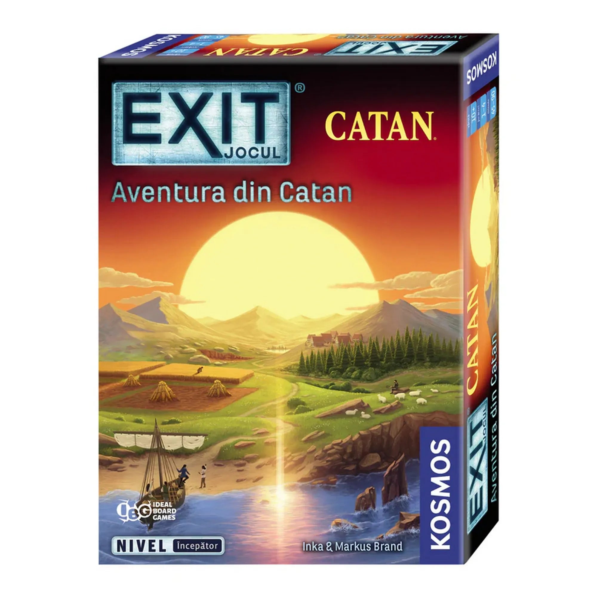 EXIT – Aventura din Catan társasjáték doboz eleje, naplementés Catan tájképpel és a kezdő nehézségi szint megjelölésével.