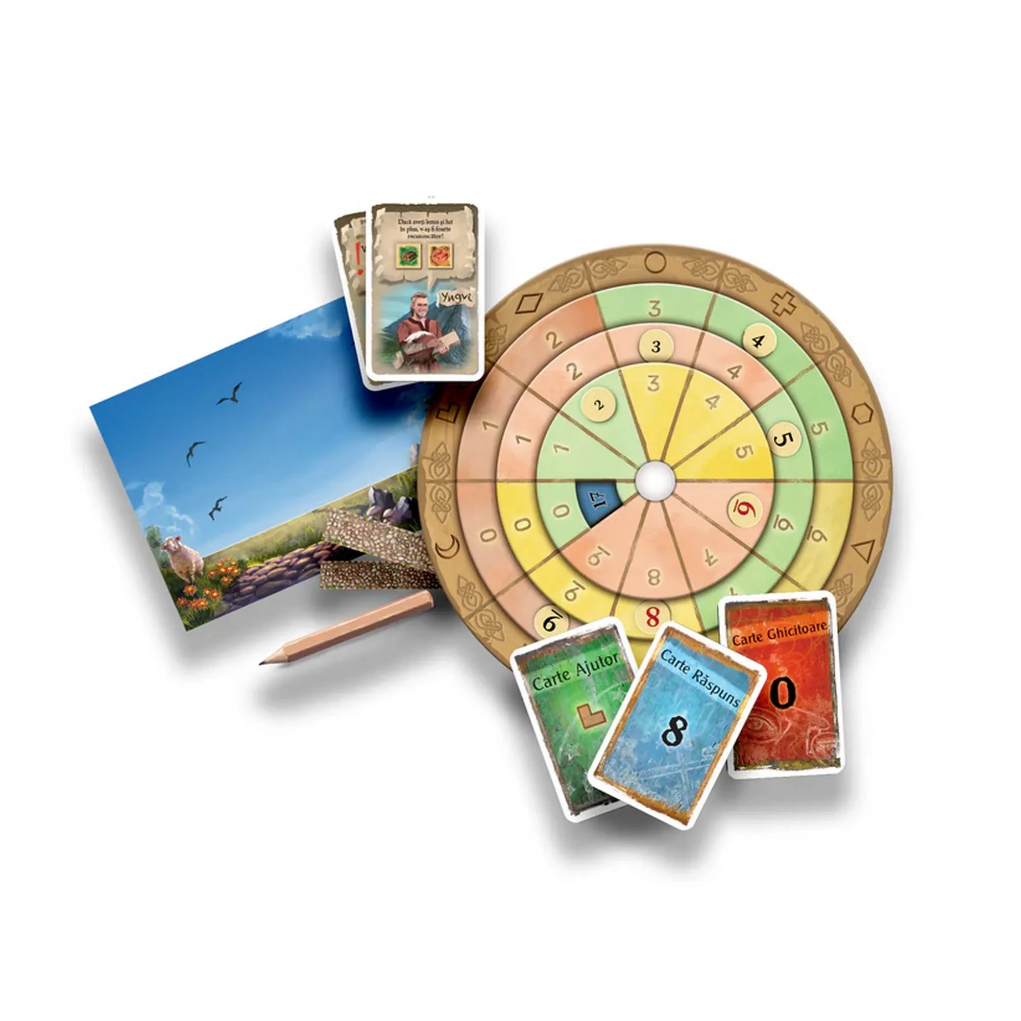 EXIT – Aventura din Catan játékelemek: dekóderkorong, kártyák, illusztrált lapok és ceruza, amelyek a rejtvények megoldásához szükségesek.