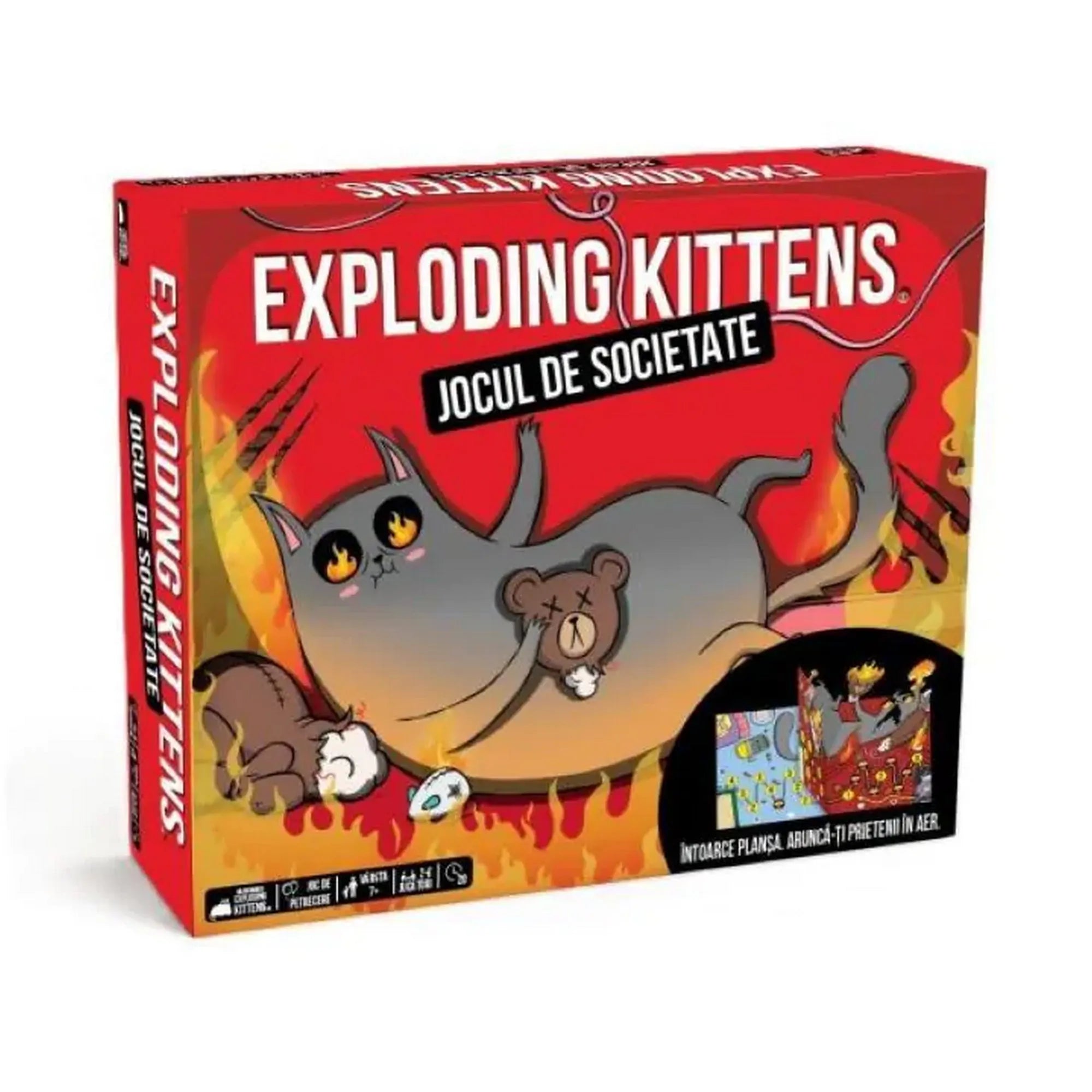 Exploding Kittens társasjáték doboza elölről, lángoló háttérrel és vicces robbanó macskás grafikával, piros színű csomagolásban.