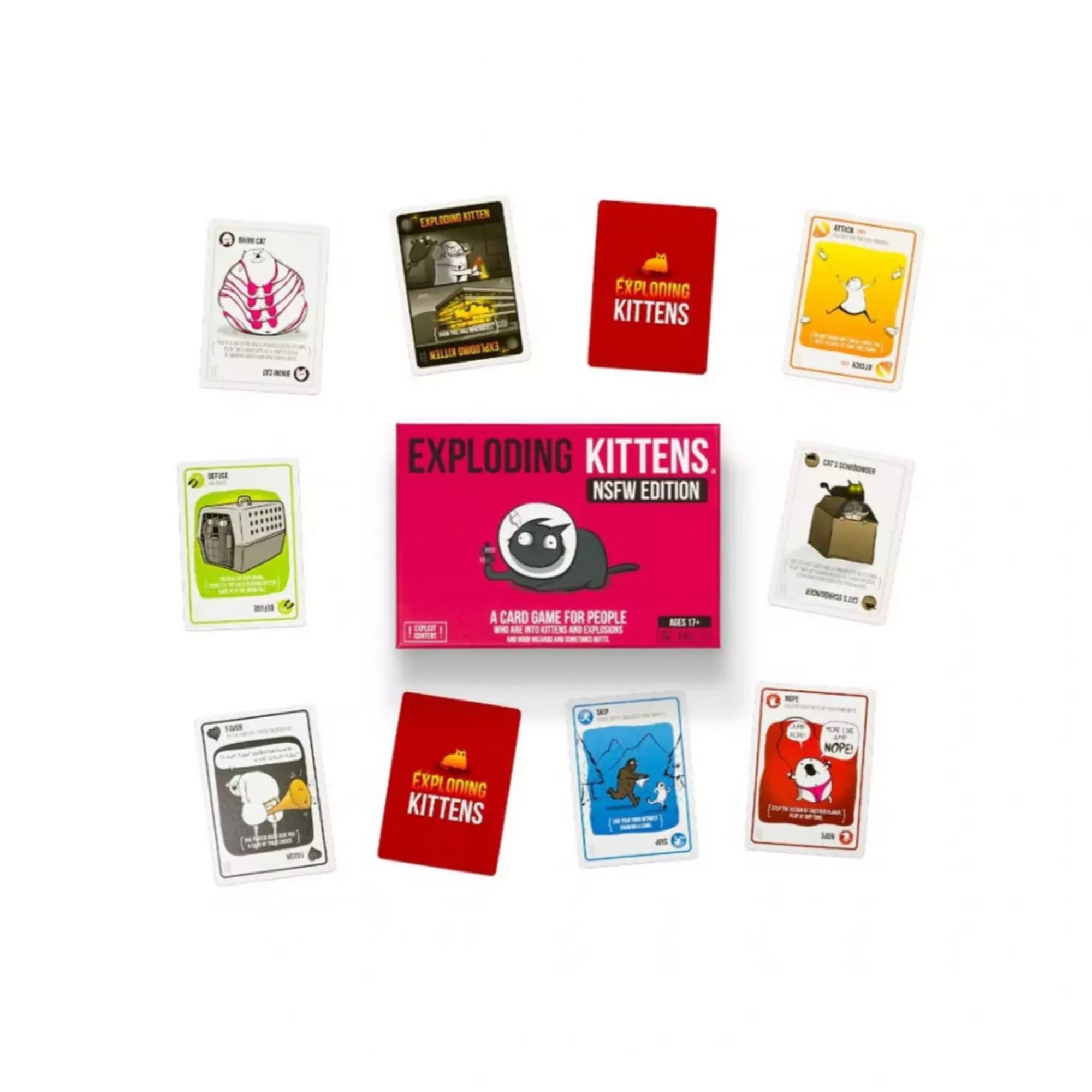 Exploding Kittens (Pink Edition) társasjáték kártyái szétszórva - A játék kártyái, köztük a vicces és provokatív illusztrációkkal.