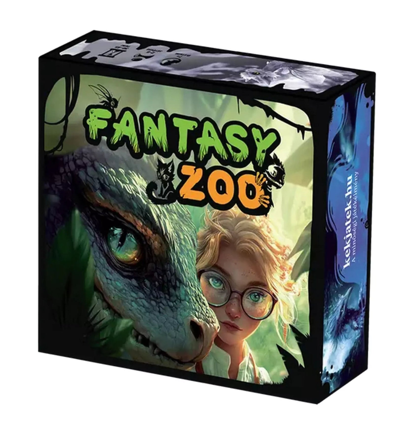  A Fantasy Zoo dobozán egy szemüveges lány és egy kék-zöld sárkányszerű fantázialény látható.