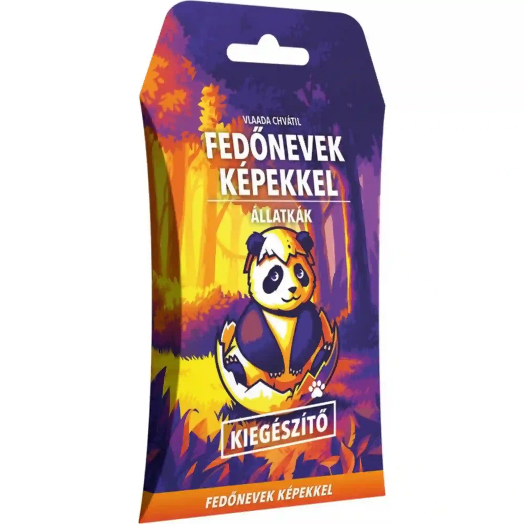 Fedőnevek képekkel (2. kiadás): Állatkák magyar nyelvű kiegészítő színes doboza, tojásból kibújó pandával, lila, narancssárga és sárga erdei háttérrel.