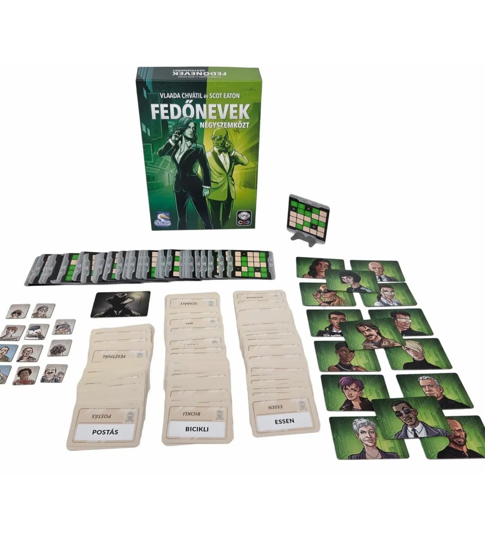 Fedőnevek négyszemközt - 2. kiadás doboz és játékelemek együtt, magyar nyelvű kiadás a Gémklub gondozásában, teljes tartalom bemutatása.