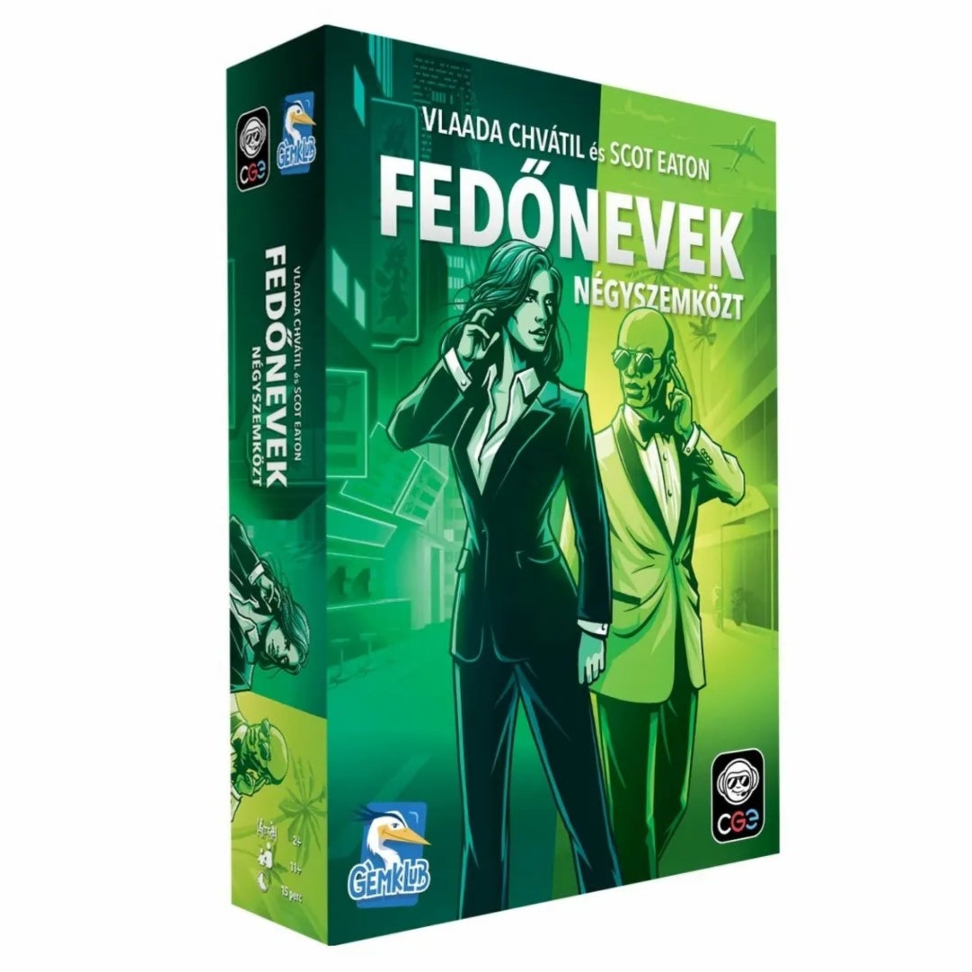 Fedőnevek négyszemközt - 2. kiadás dobozkép, zöld árnyalatú grafika két titkos ügynökkel, magyar nyelvű társasjáték csomagolása.