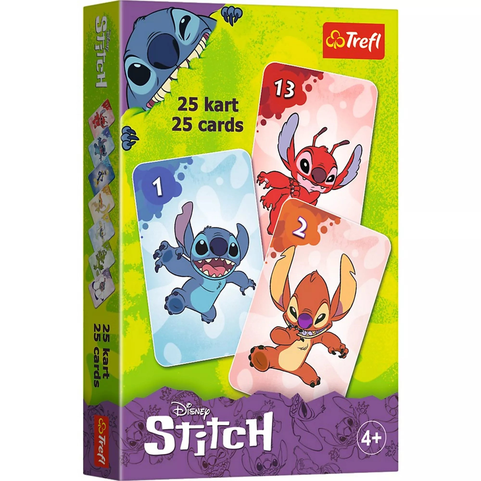 Fekete Péter: Stitch társasjáték doboza 25 kártyával, színes Stitch karakterekkel, 4 éves kortól ajánlva.