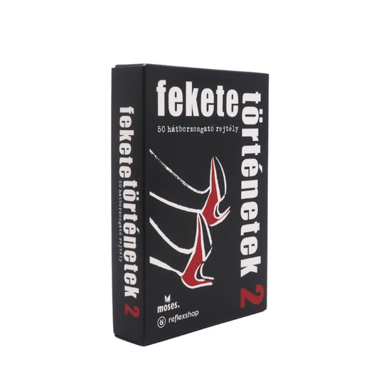 A Fekete történetek társasjáték zárt doboza, fekete háttéren vérfolt motívummal és fehér-piros felirattal.
