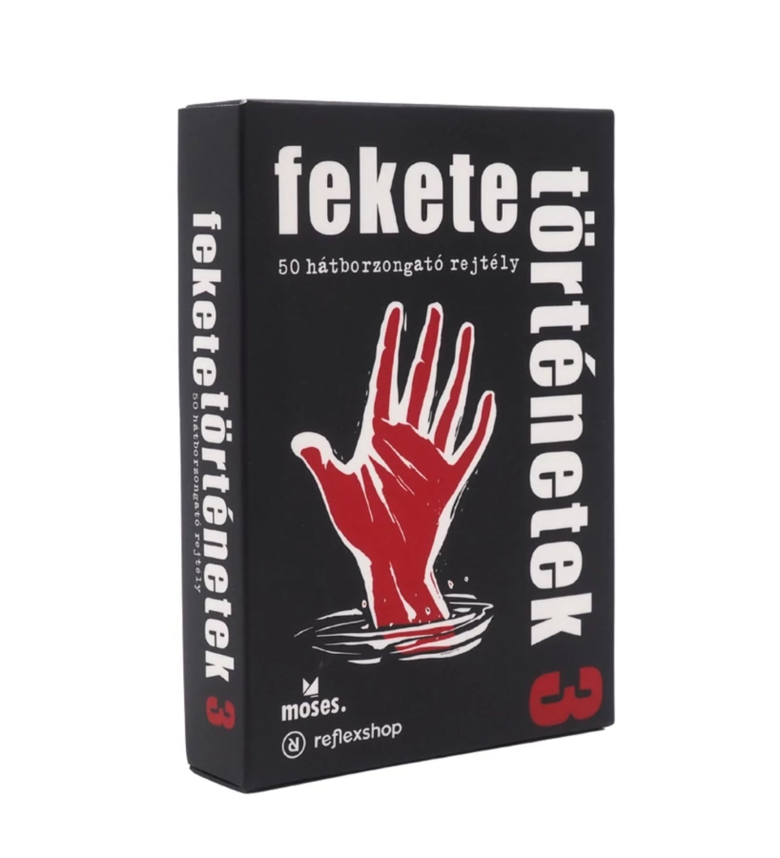 Fekete történetek 3 társasjáték doboza, amely 50 hátborzongató rejtvényt tartalmaz sötét és meglepő történetekkel.