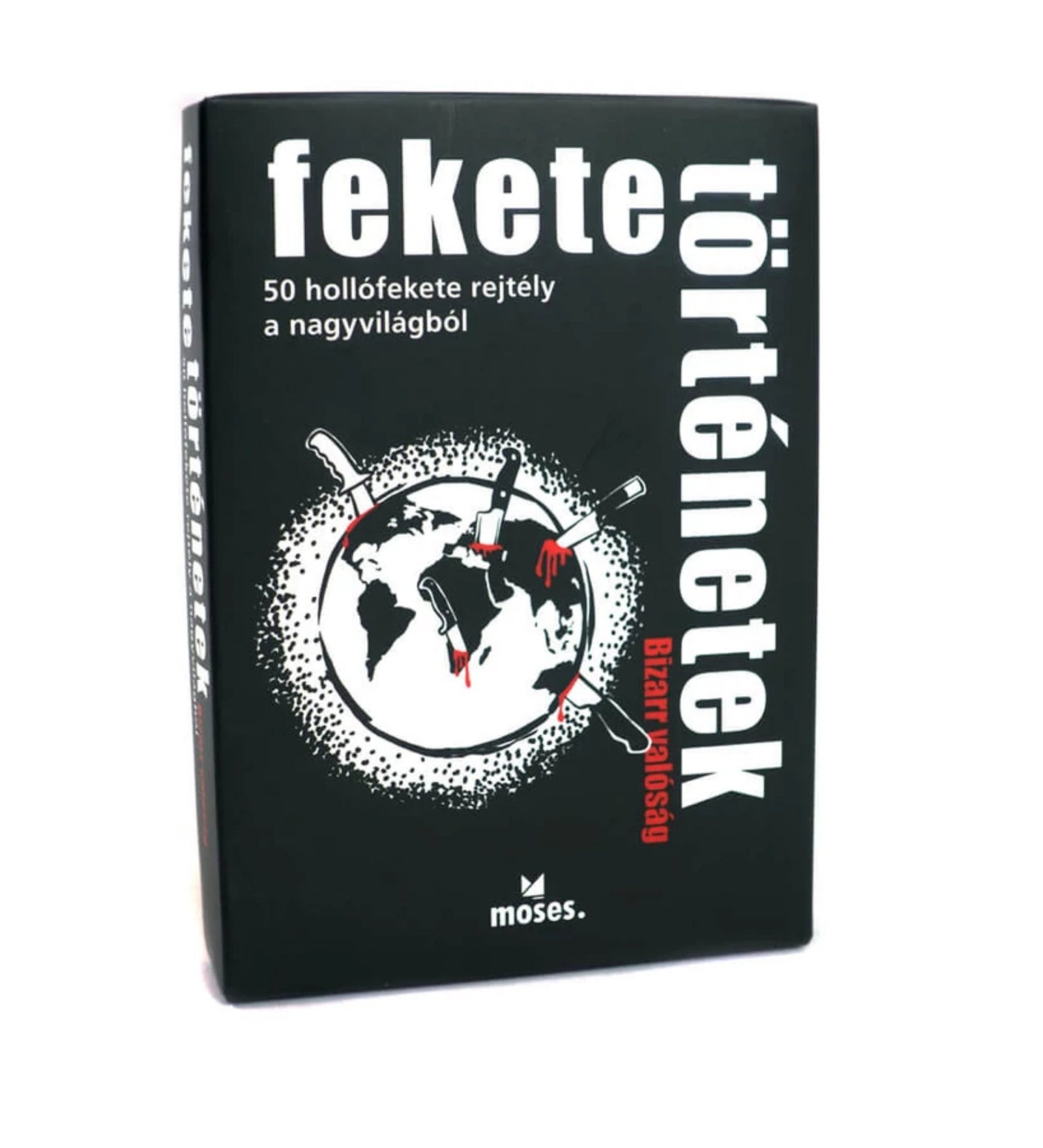 Fekete történetek – Bizarr valóság társasjáték doboza, amely 50 hollófekete rejtélyt tartalmaz a nagyvilágból.
