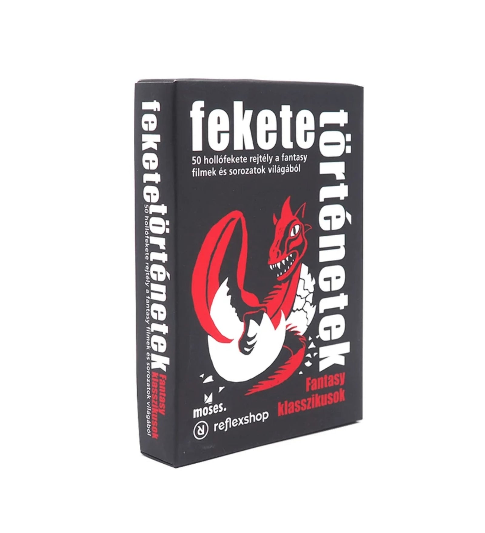 A Fekete történetek – Fantasy klasszikusok társasjáték zárt doboza, amelyen egy vörös sárkány illusztrációja és a játék címe szerepel.