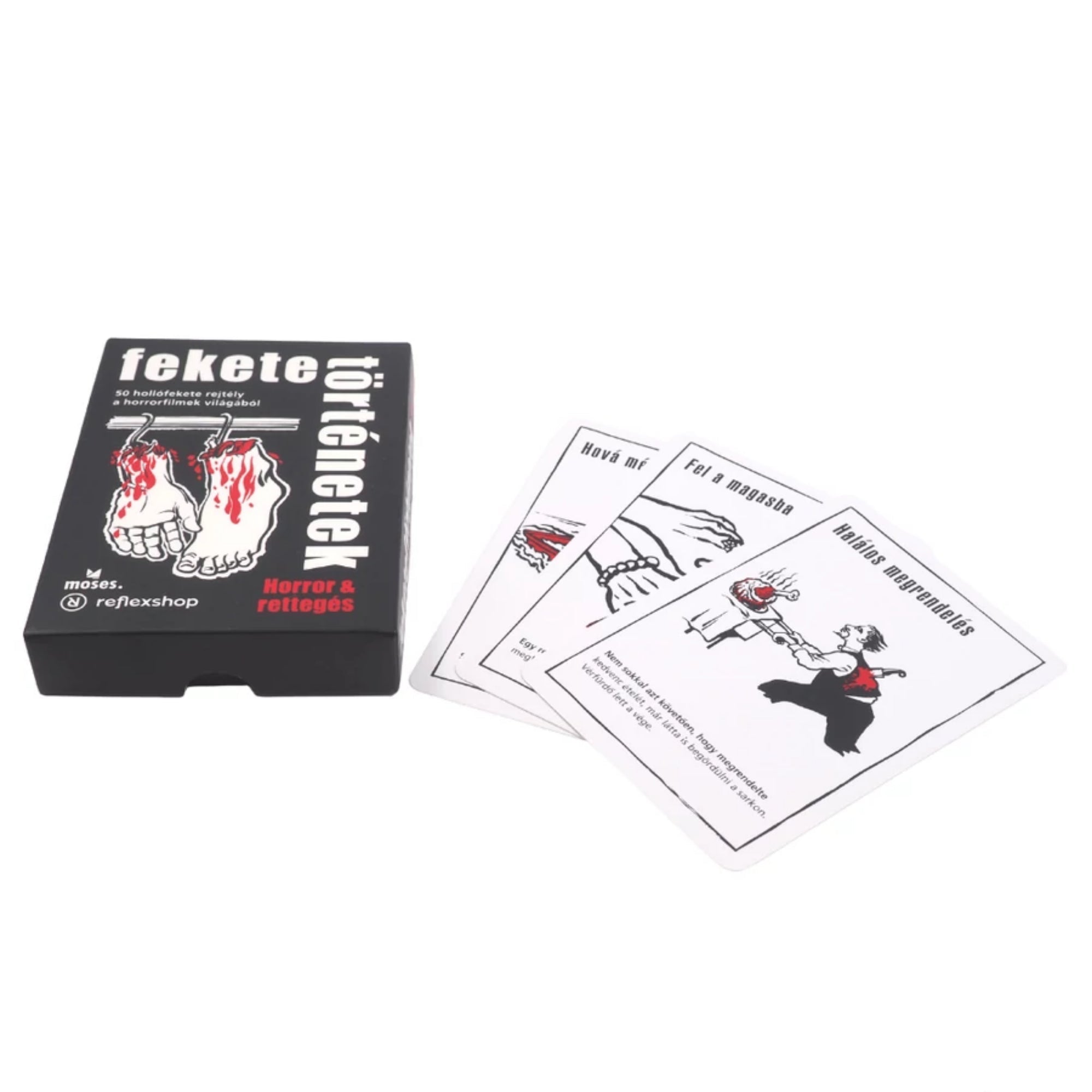 A Fekete történetek - Horror & rettegés kártyajáték doboza és három nyitott kártya, melyek horror témájú illusztrációkat és rejtélyes szövegeket tartalmaznak.