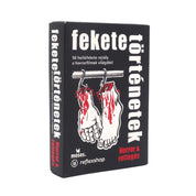 A Fekete történetek - Horror & rettegés kártyajáték doboza, melyen egy akasztófára fellógatott, véres lábak láthatók.