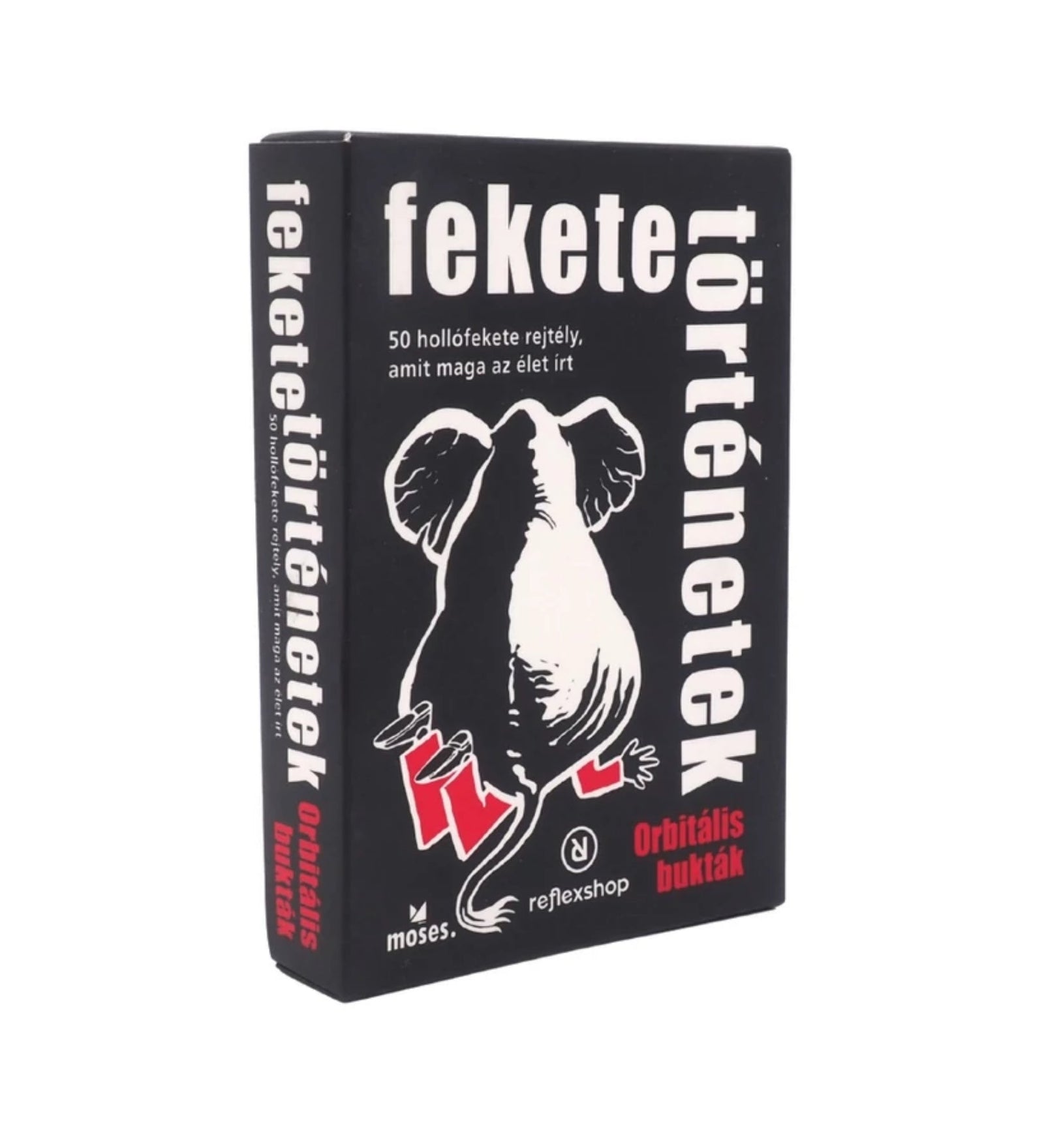 A fekete történetek orbitális bukták doboza zárt állapotban, fekete alapon fehér és piros elefántos illusztrációval és a termék nevével.