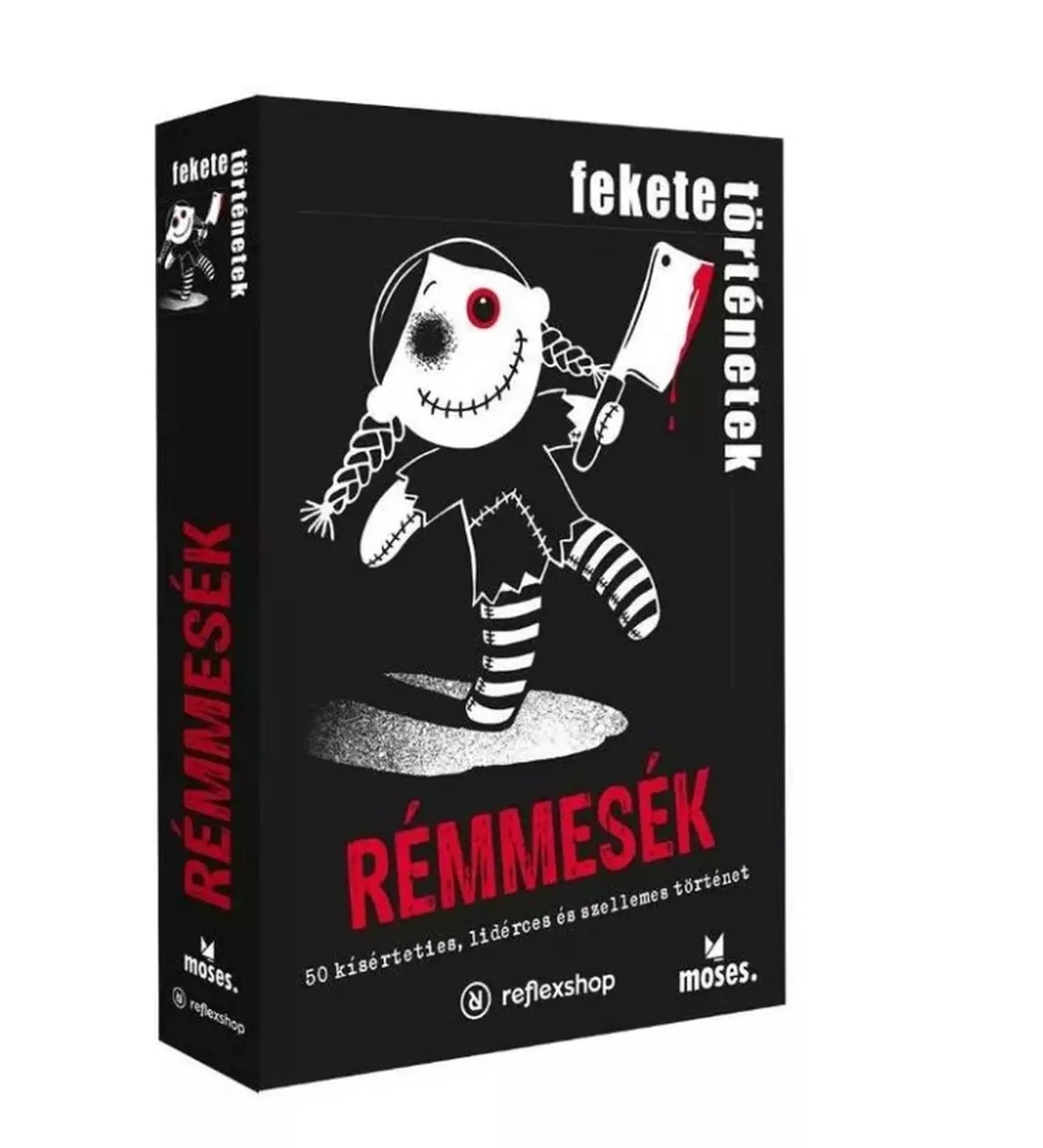 A Fekete történetek: Rémmesék társasjáték doboza hátborzongató grafikával, 50 kísérteties történetet ígérve – tökéletes választás misztikus estékhez.
