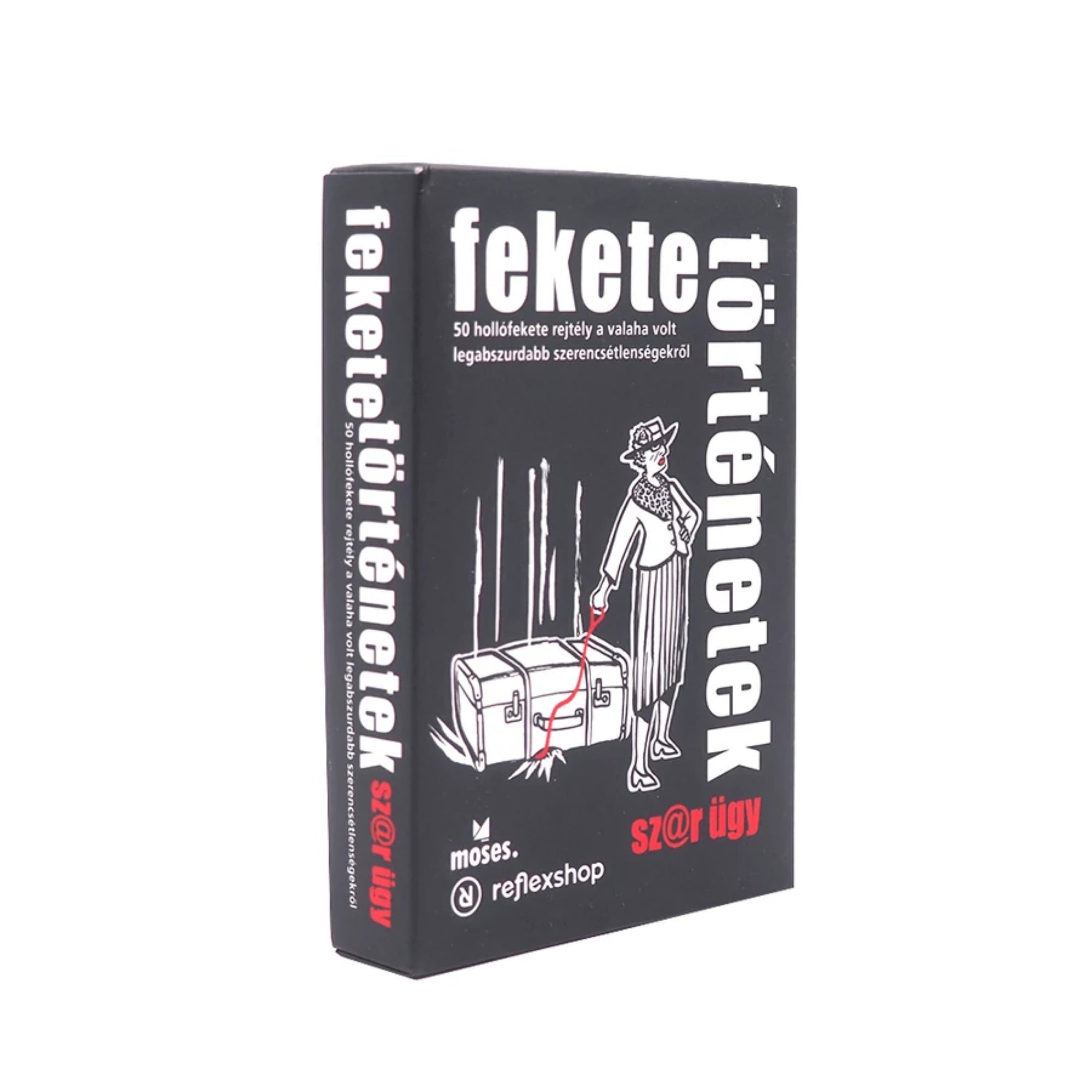 A fekete történetek szar ügy doboza zárt állapotban, fekete alapon fehér piros illusztrációval és a termék nevével.