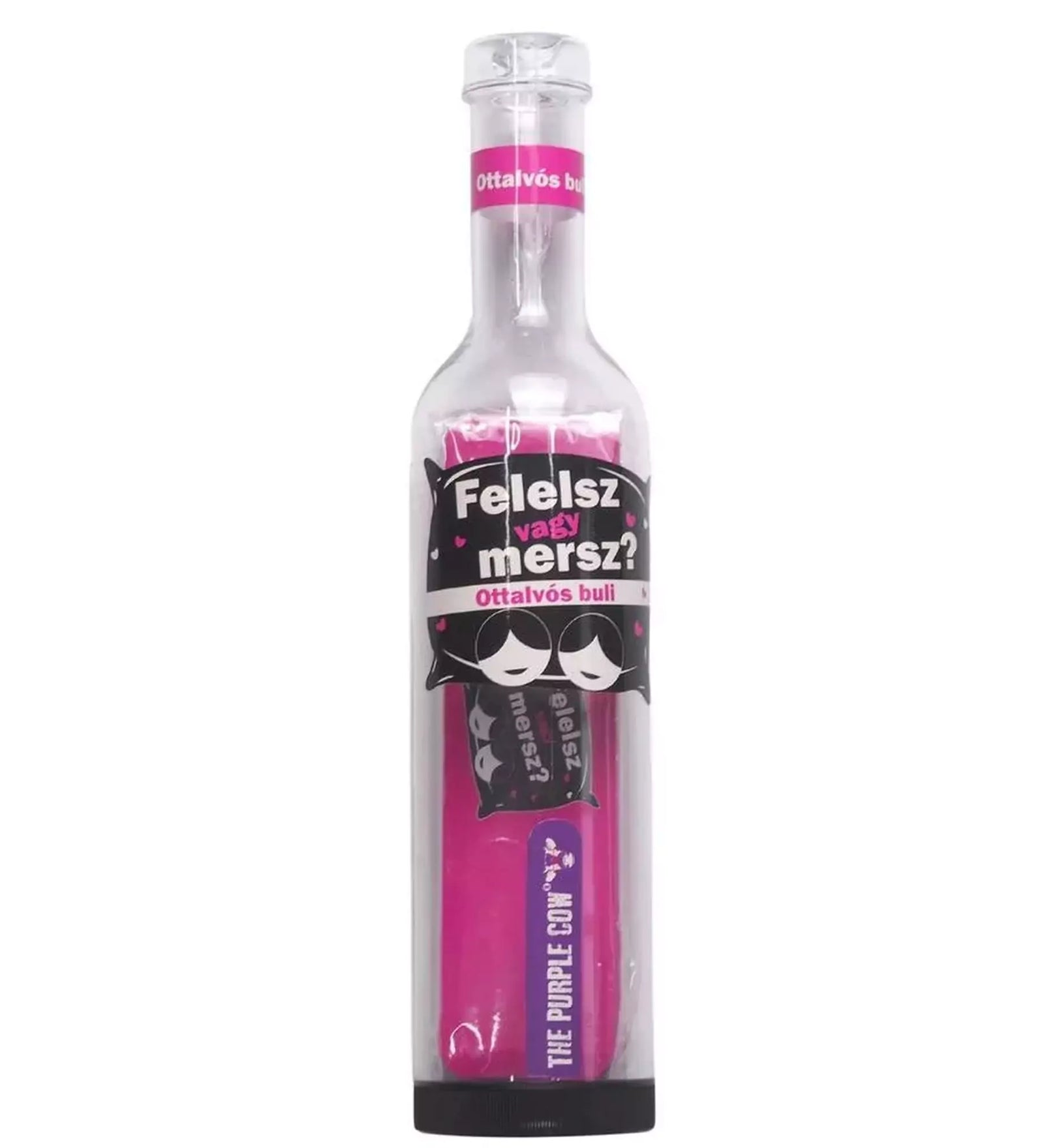 „Felelsz vagy Mersz? Ottalvós buli társasjáték palack formájú csomagolásban, a The Purple Cow kiadásában, vidám és szórakoztató partiélményekhez.”