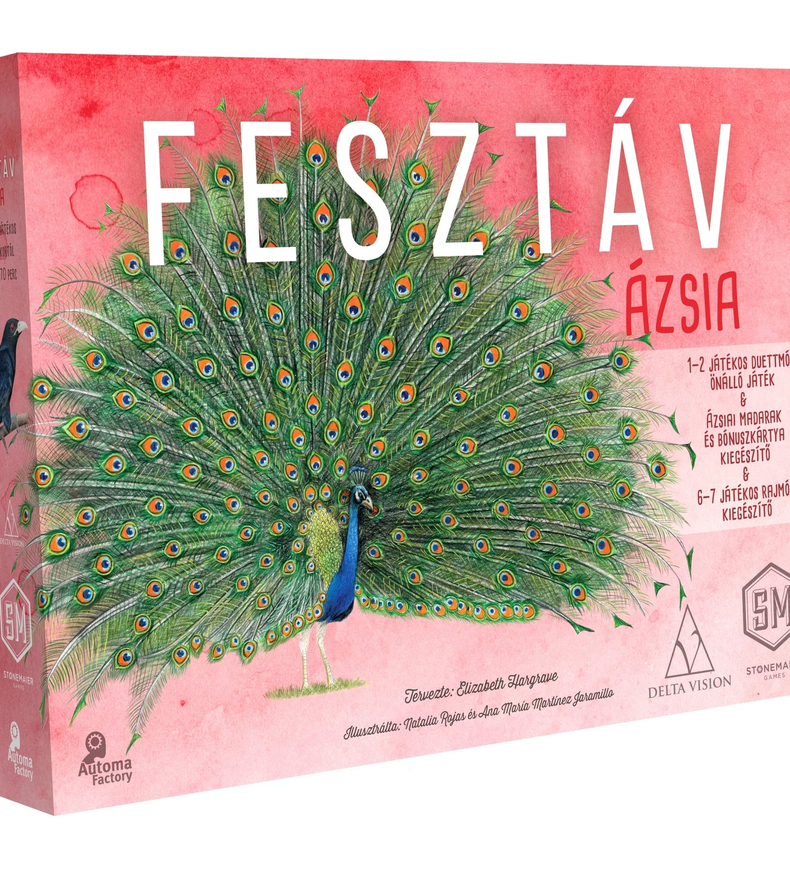 Fesztáv – Ázsia társasjáték dobozkép, pávát ábrázoló illusztrációval, Wingspan harmadik kiegészítője, szóló és duett játékmóddal