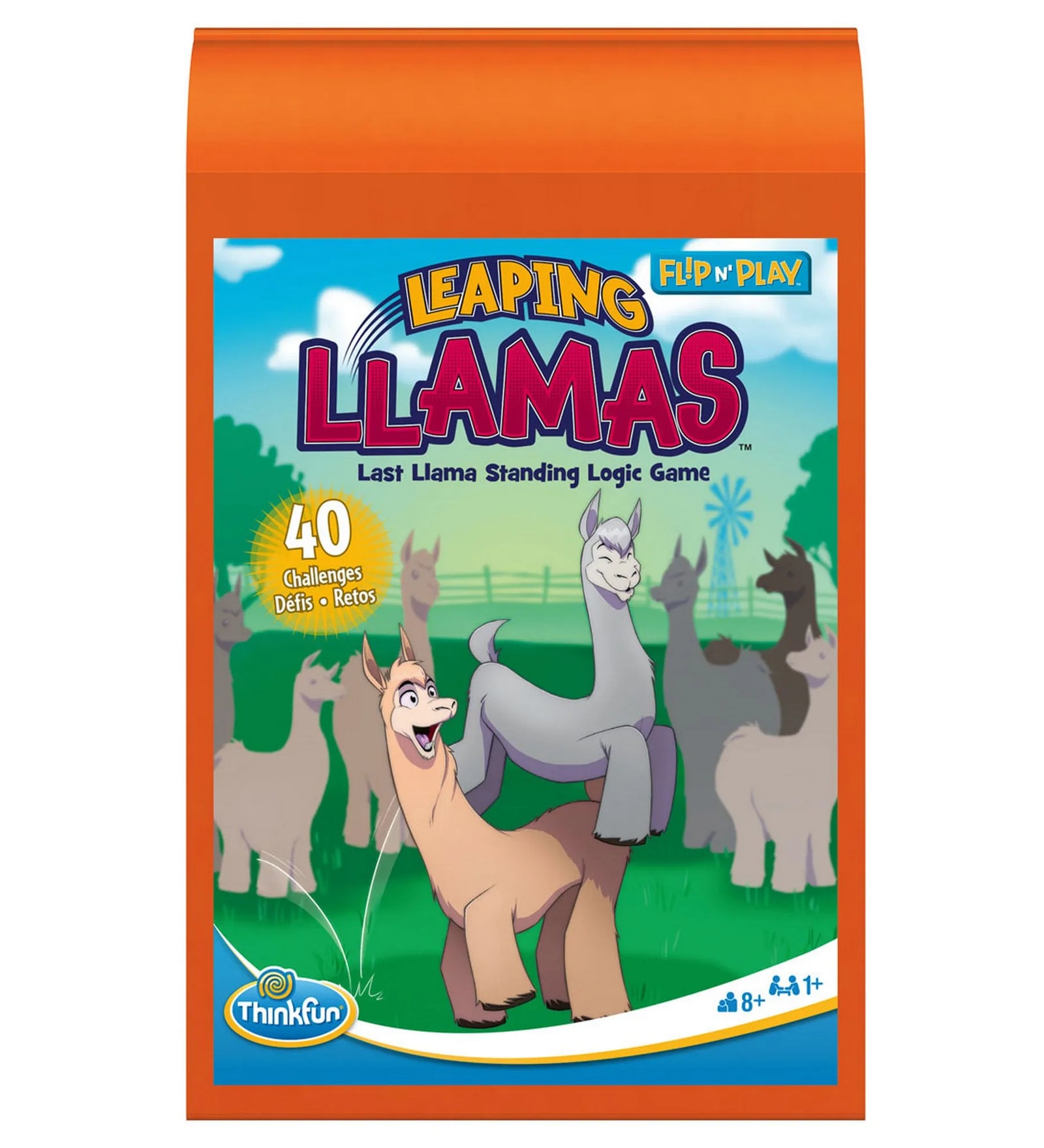 Flip n' Play Leaping Llamas többnyelvű logikai játék narancssárga, hordozható tokban, elől a lámás borítóval.