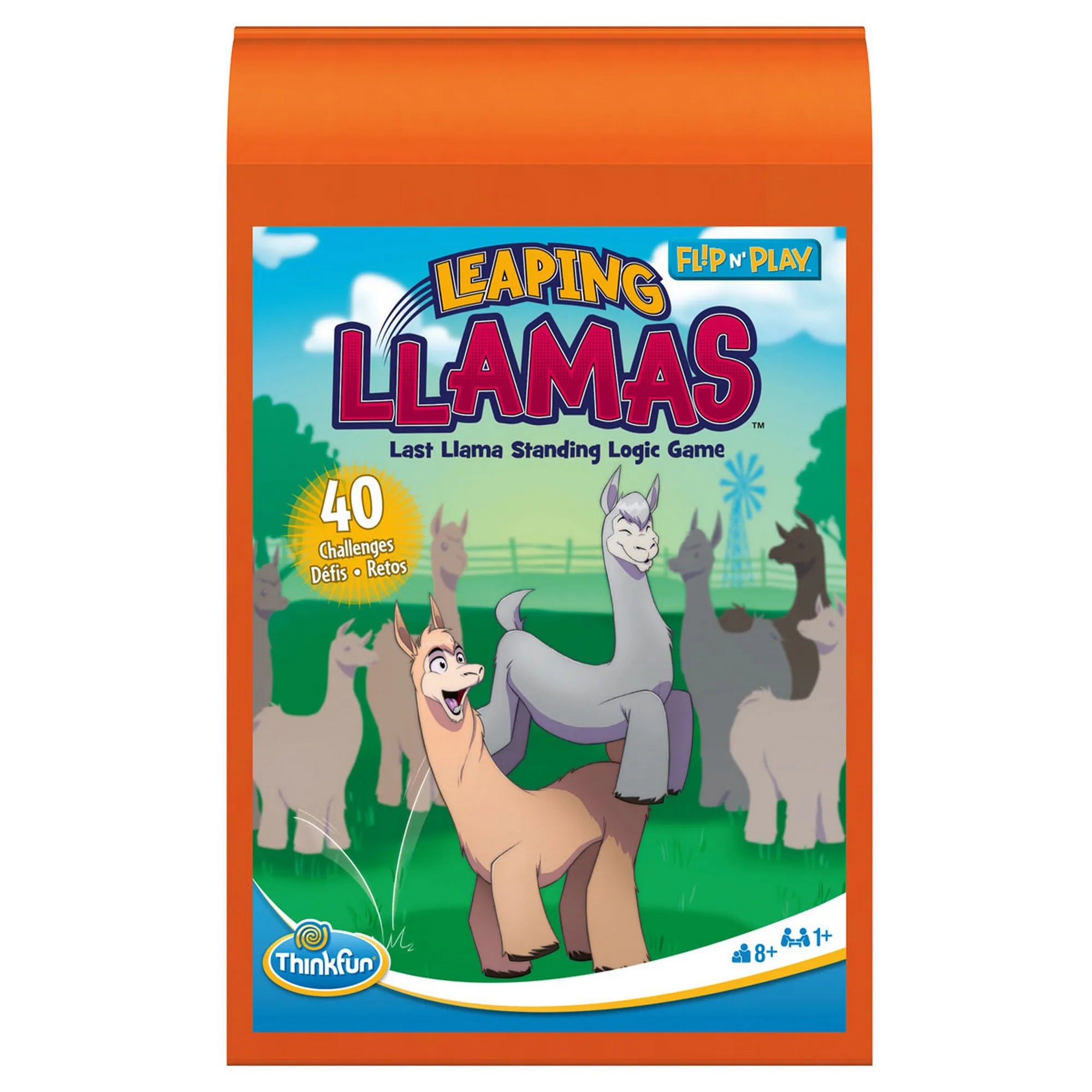 Flip n' Play Leaping Llamas többnyelvű logikai játék narancssárga, hordozható tokban, elől a lámás borítóval.