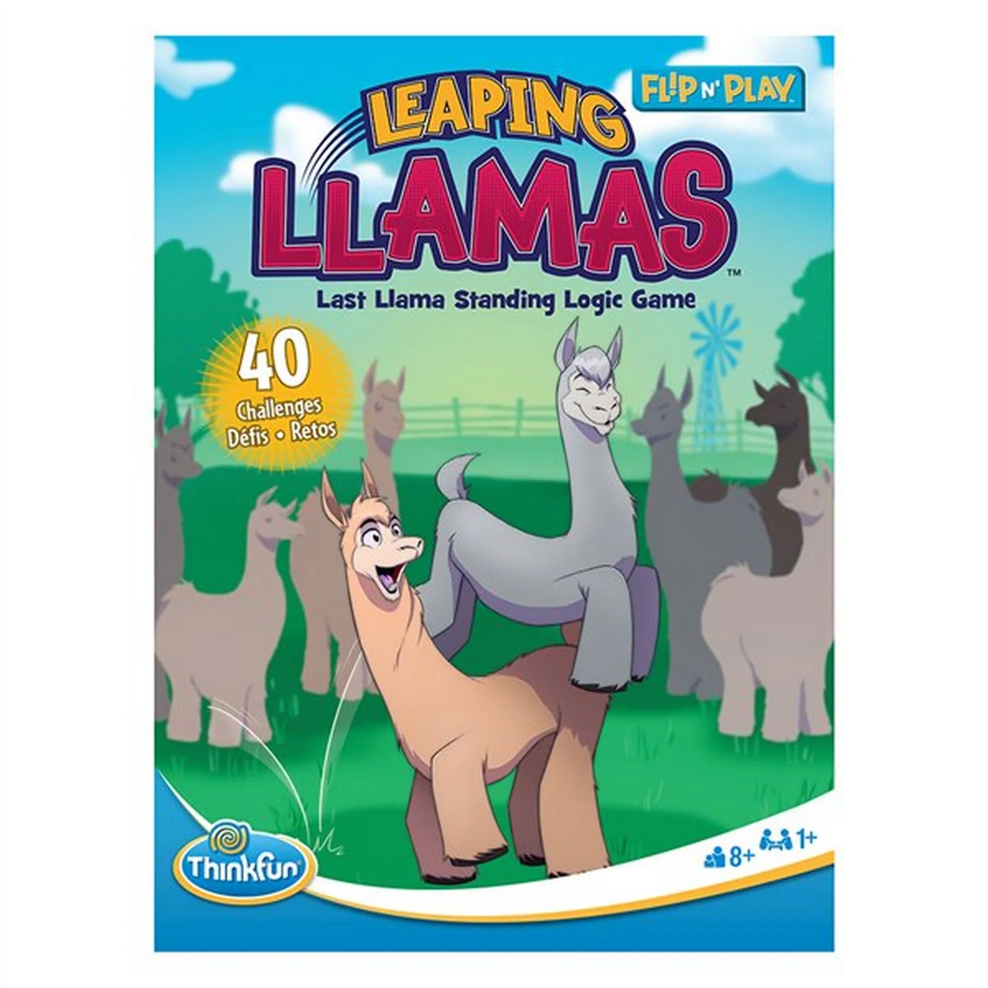 Flip n' Play Leaping Llamas többnyelvű logikai játék dobozképe, vidám lámákkal a mezőn, 40 kihívással, 8 éves kortól.