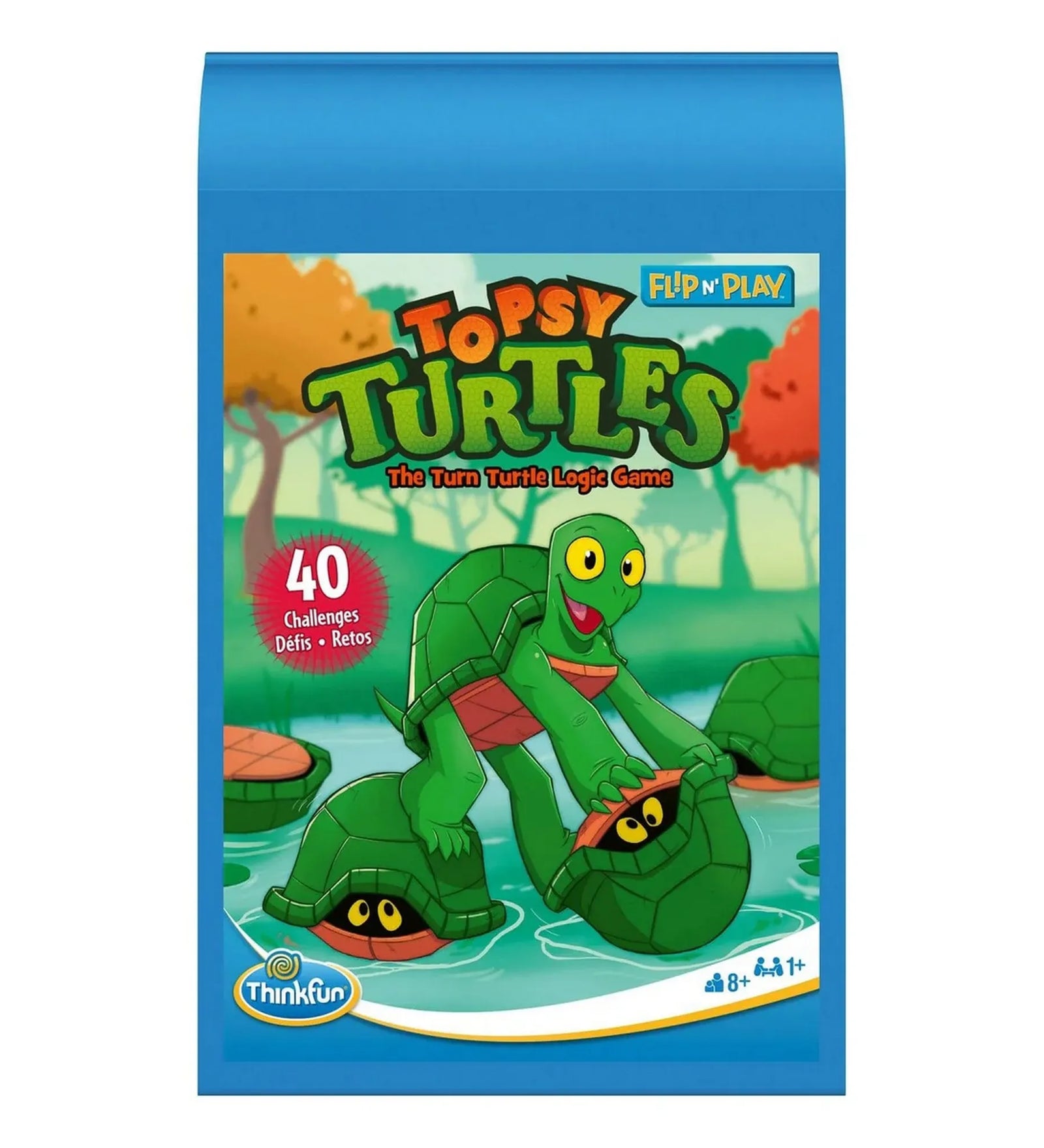 Topsy Turtles Flip n’ Play logikai játék doboza, vidám teknős grafikával és 40 kihívást jelző felirattal.