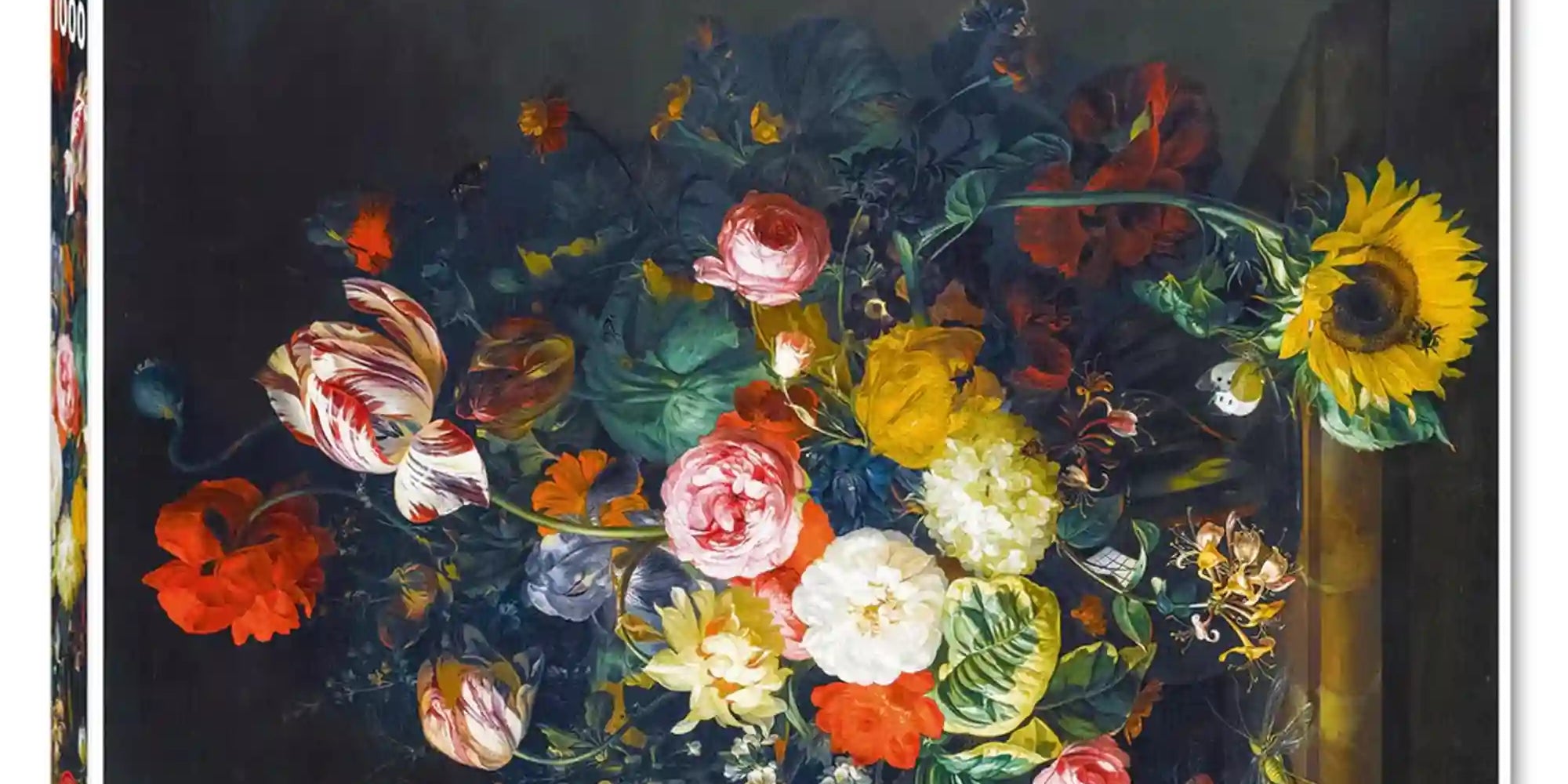 Piatnik Flower Still Life – Rachel Ruysch 1000 darabos puzzle dobozképe, klasszikus holland barokk virágcsendélettel, élénk színű virágokkal és részletgazdag festészeti motívumokkal.