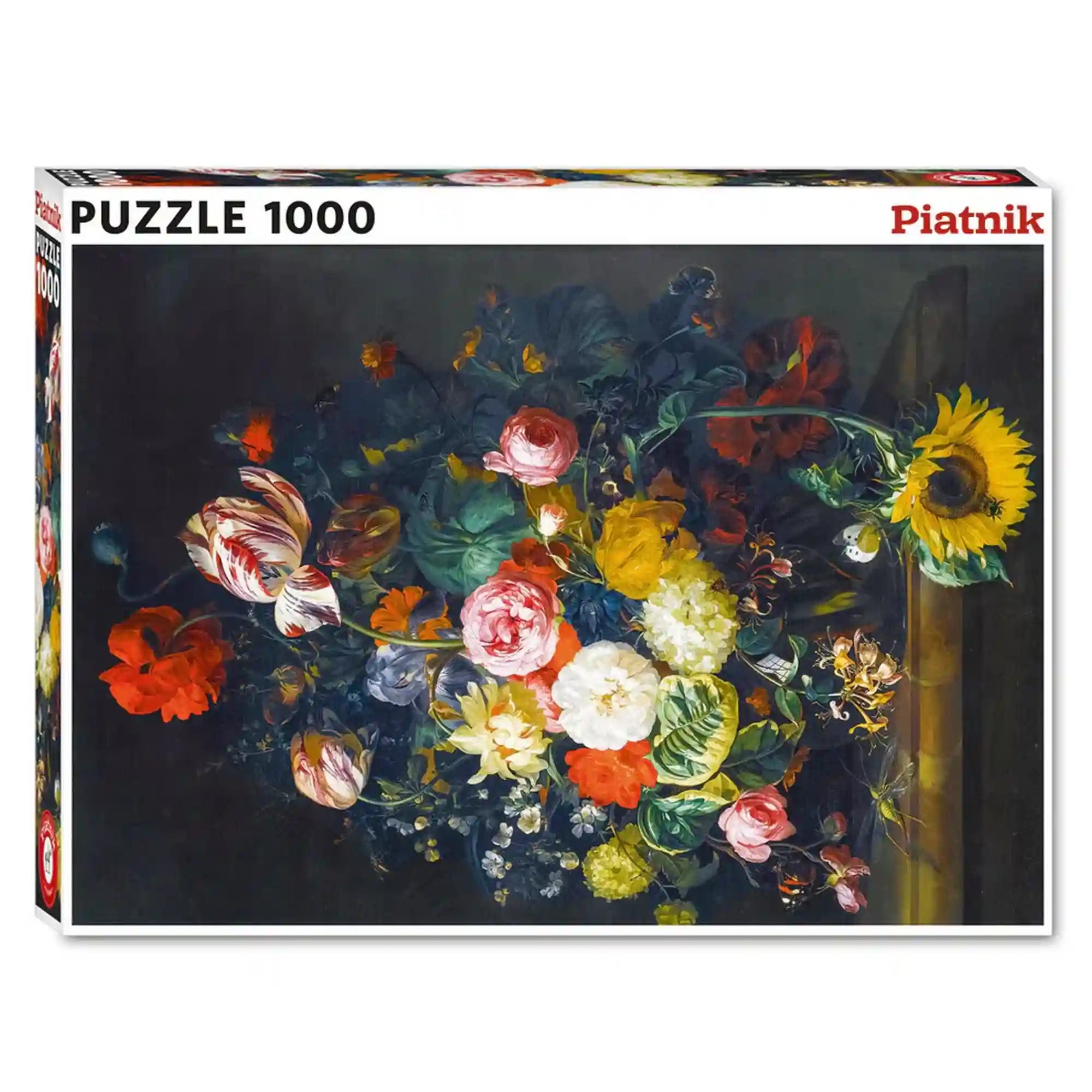 Piatnik Flower Still Life – Rachel Ruysch 1000 darabos puzzle dobozképe, klasszikus holland barokk virágcsendélettel, élénk színű virágokkal és részletgazdag festészeti motívumokkal.