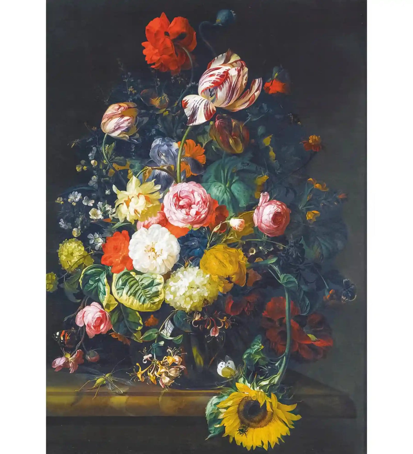 Rachel Ruysch virágcsendéletét ábrázoló Piatnik 1000 darabos puzzle képe, gazdag virágkompozícióval, tulipánokkal, rózsákkal, napraforgóval és sötét barokk háttérrel.