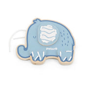 PolarB Viga „Fűzhető állatok fából” – kék elefánt alakú fa fűzőjáték fehér fűzőzsinórral és mintás kivehető folttal.