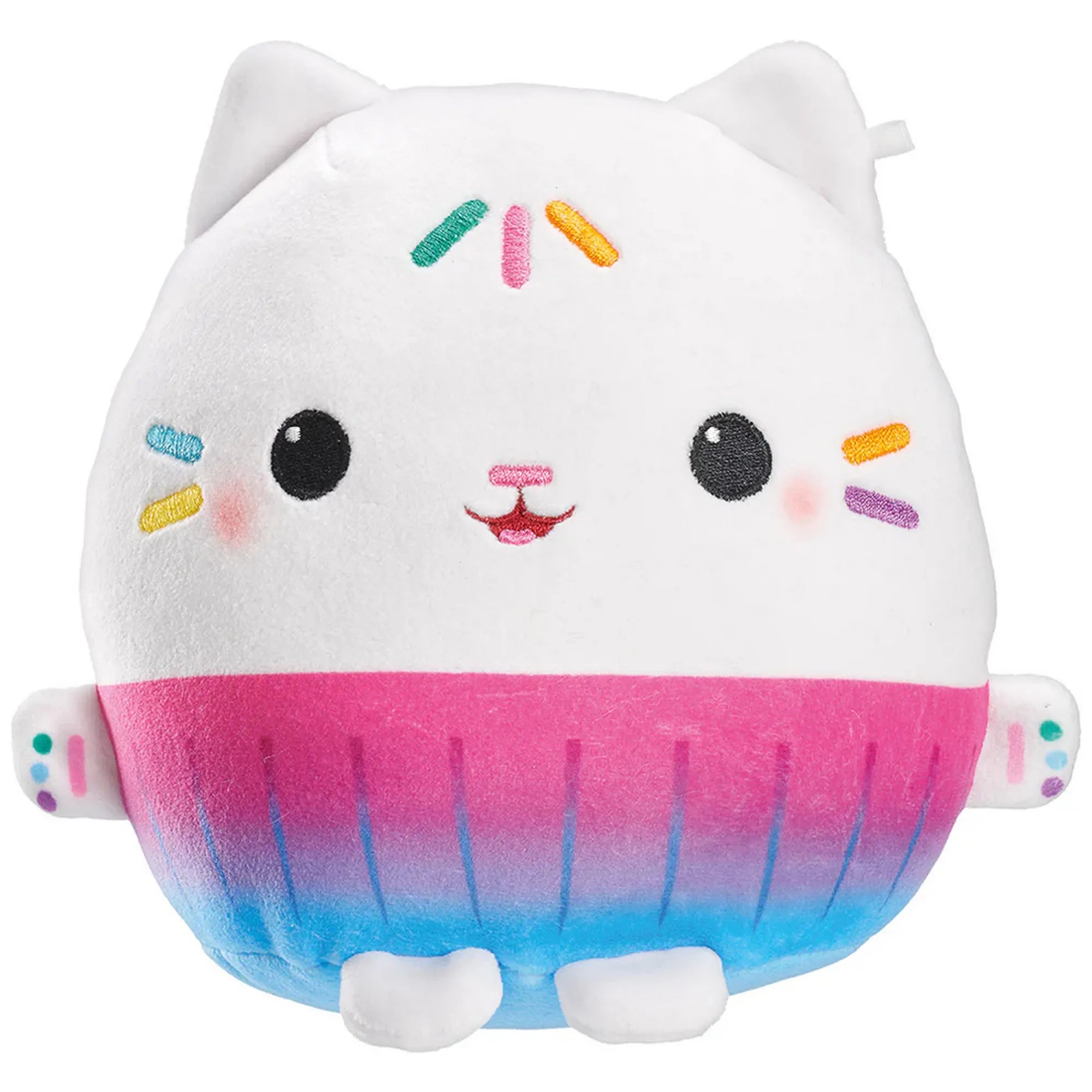 Gabby's Dollhouse: Kuchi plüssfigura, 15 cm, fehér, mosolygós cicafej formájú plüssfigura szivárványos hímzett díszítéssel, rózsaszín–kék átmenetes alsó résszel és apró tappancsokkal.
