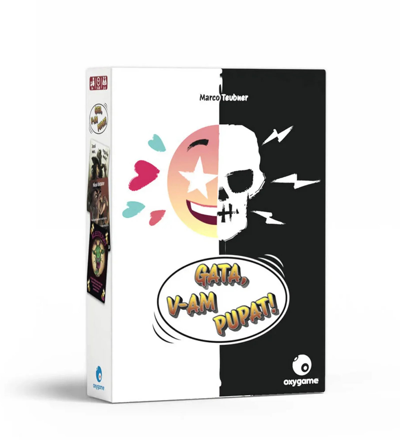 Gata, v-am pupat! román nyelvű társasjáték dobozképe, amely a humoros partijáték jellegzetes fekete-fehér dizájnját, vidám emoji és koponya grafikáját mutatja.
