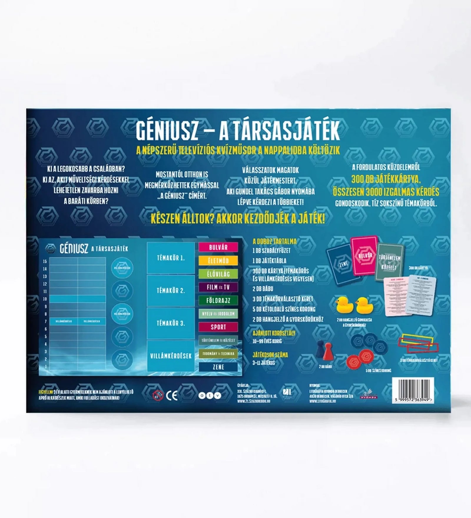 A Géniusz – A társasjáték dobozának hátoldala, részletes játékleírással, kategóriákkal és tartalomjegyzékkel. Láthatók a kérdéskártyák, a táblaterv és a játék elemei ismertetve, kék háttéren.