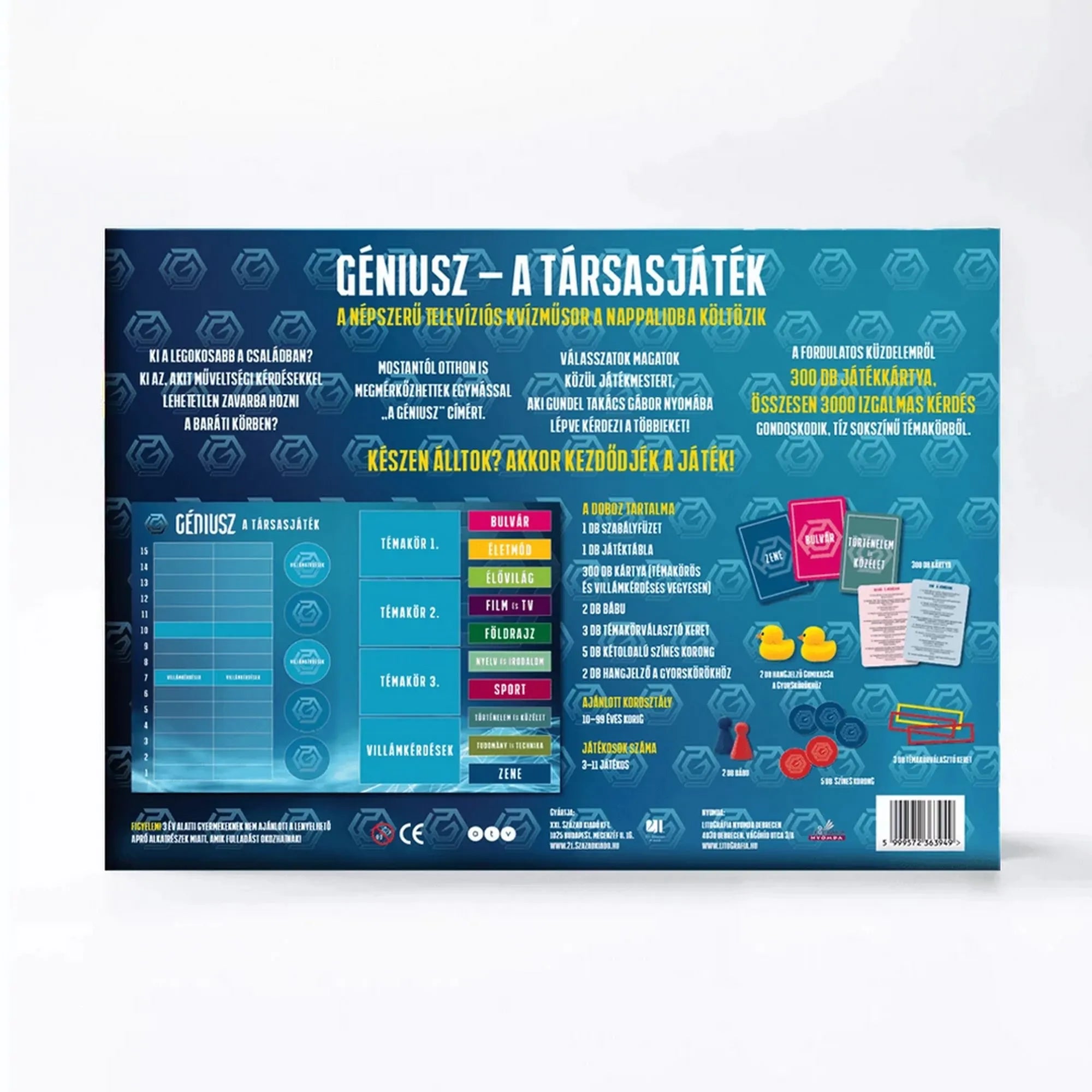 A Géniusz – A társasjáték dobozának hátoldala, részletes játékleírással, kategóriákkal és tartalomjegyzékkel. Láthatók a kérdéskártyák, a táblaterv és a játék elemei ismertetve, kék háttéren.
