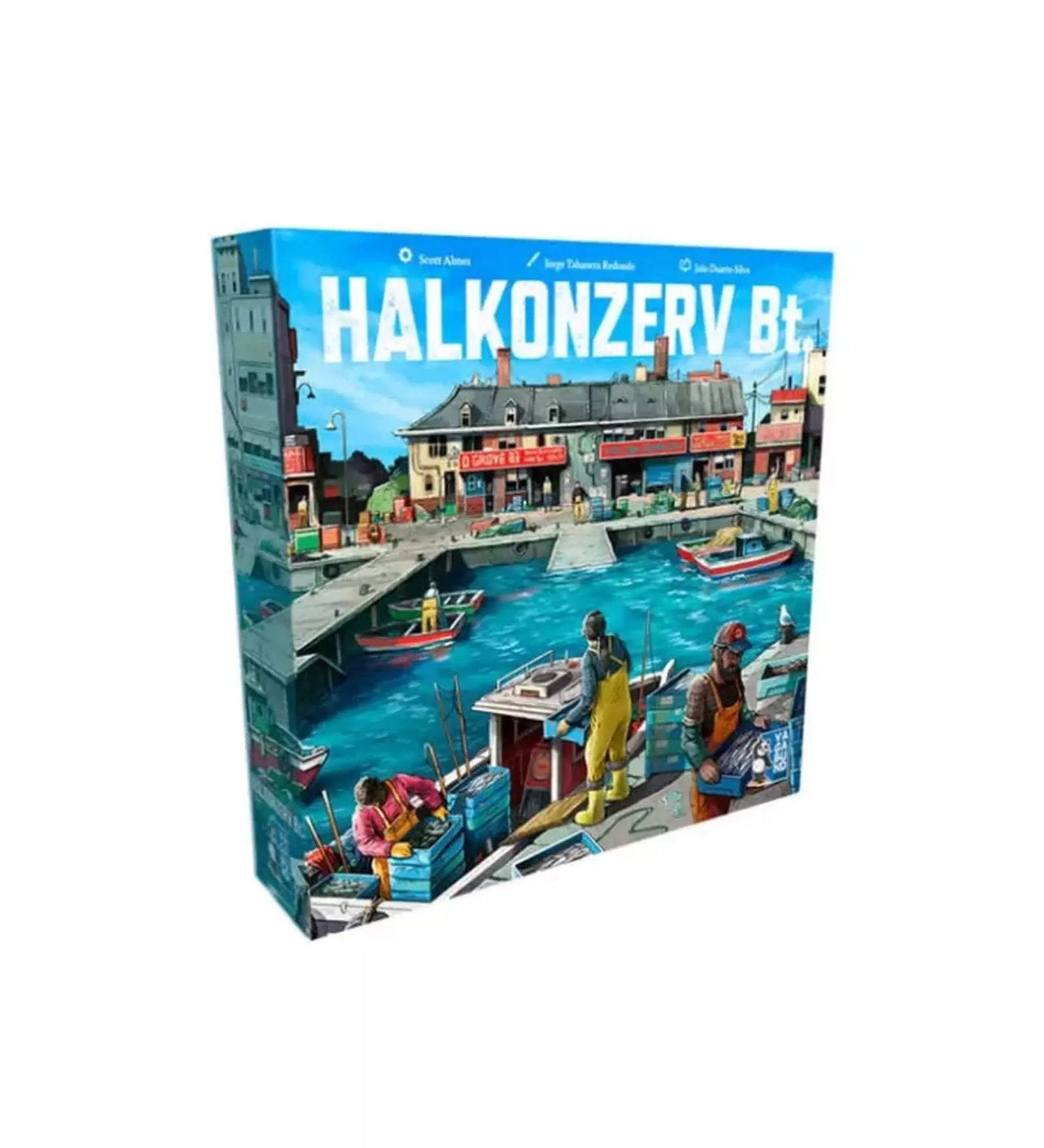 A Halkonzerv Bt. társasjáték dobozának borítója, amely egy tengerparti halászkikötőt ábrázol élénk színekkel. Az előtérben három halász dolgozik: egyikük halasládákat pakol, a másik a hajón áll, a harmadik halat válogat. A háttérben kis csónakok úsznak a kék vízen, a túlparton pedig egy tengerparti halfeldolgozó üzem és épületsor látható. A cím nagy fehér betűkkel szerepel: „Halkonzerv Bt.” A doboz bal felső sarkában a játék szerzőinek nevei is megtalálhatók.