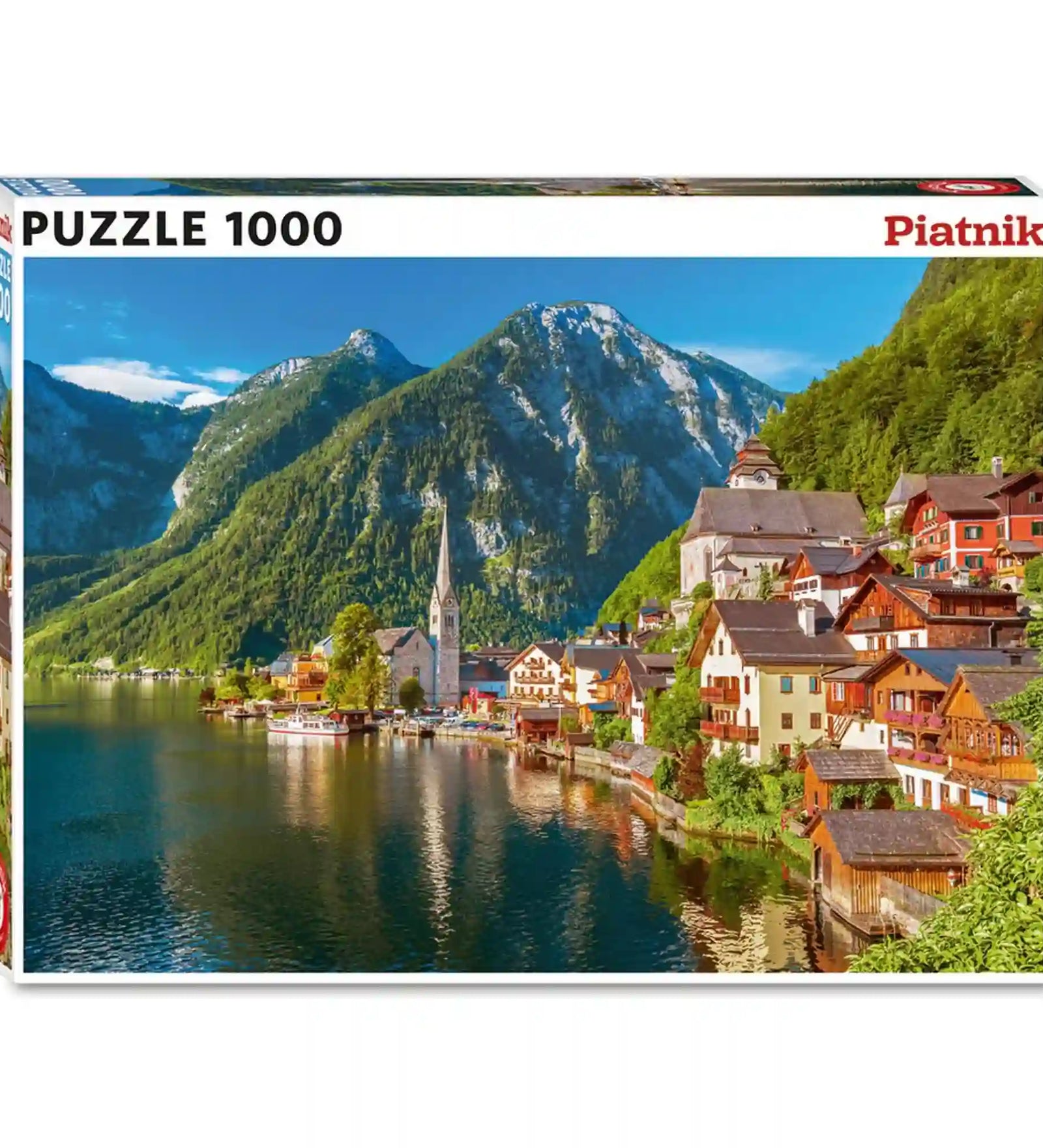 Piatnik Hallstatt Village 1000 darabos puzzle doboza Ausztria híres Hallstatt falujának panorámájával, tóparti házakkal és alpesi hegyekkel.