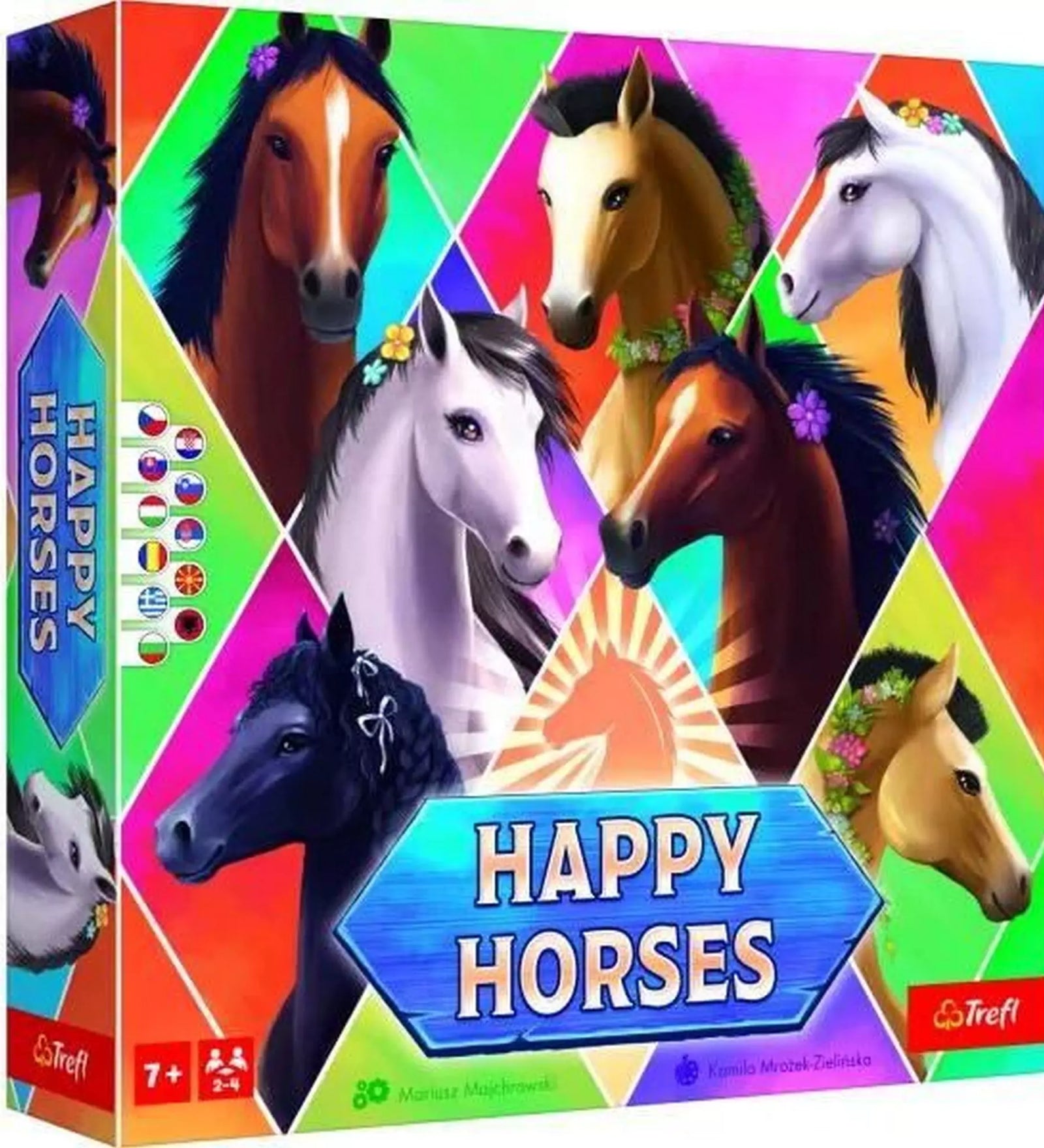 A Happy Horses társasjáték doboza színes lóillusztrációkkal, 7 éves kortól ajánlva, 2–4 játékos részére.