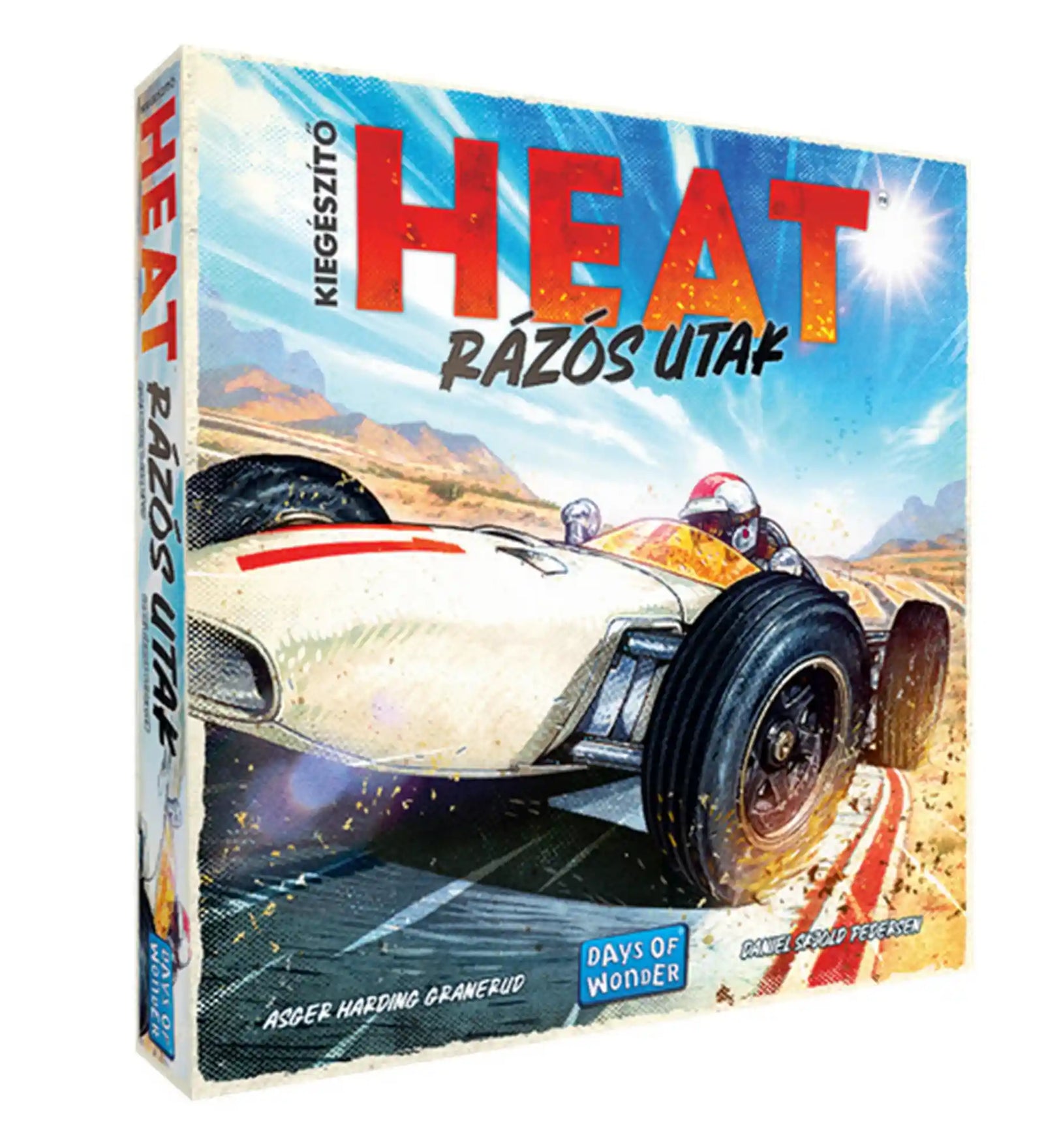 Heat: Rázós utak magyar nyelvű kiegészítő társasjáték dobozképe versenyautós grafikával.
