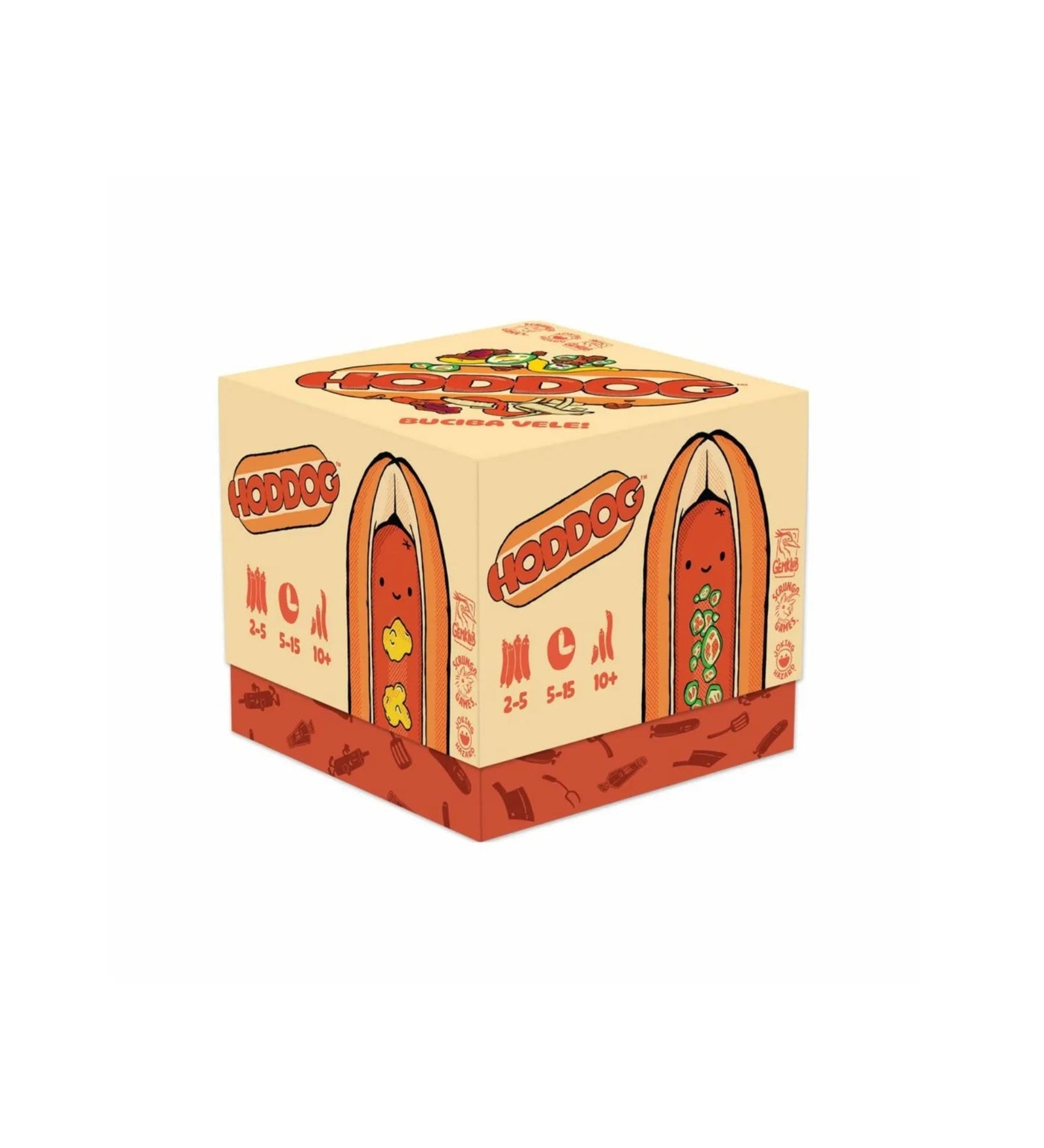 A Hoddog társasjáték színes, vidám csomagolása, amelyen mosolygós hot dog figurák láthatók, krémszín és piros dizájnnal.