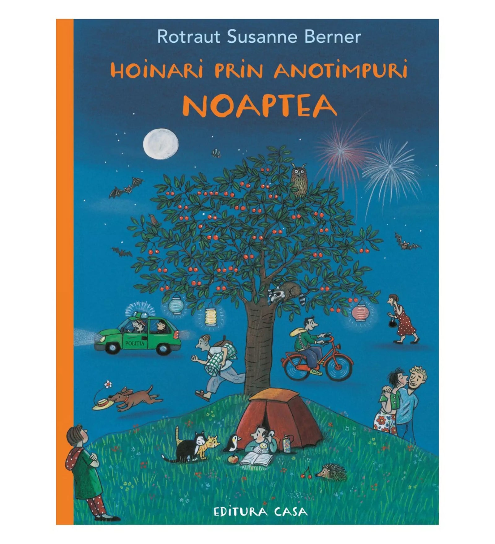 „Hoinari prin anotimpuri, Noaptea” román nyelvű könyv borítója, éjszakai jelenettel: tűzijáték, lámpások, állatok és emberek a holdfényben.