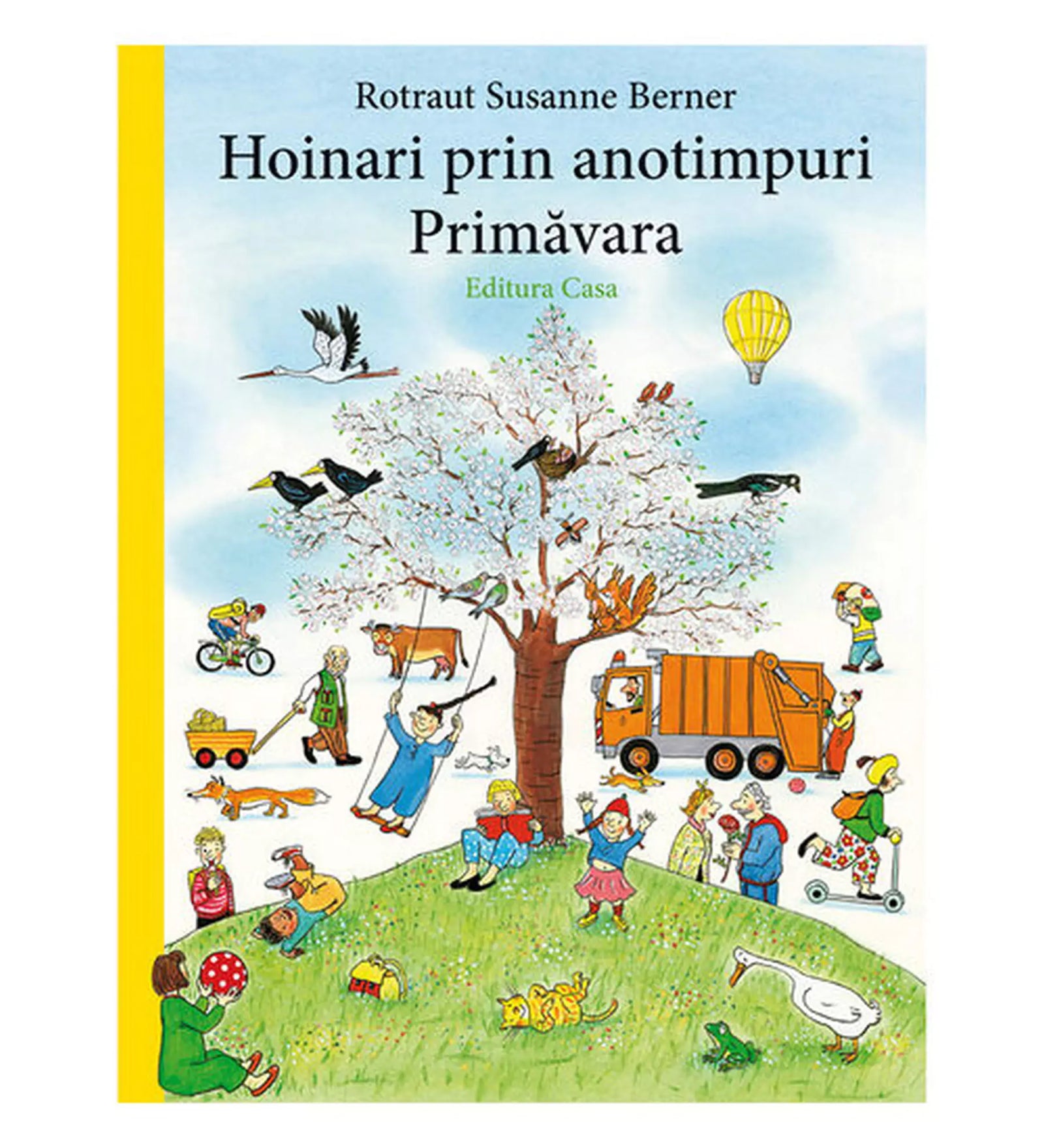 „Hoinari prin anotimpuri, Primăvara” román nyelvű könyv borítója, tavaszi jelenettel, virágzó fával, gyerekekkel és állatokkal.