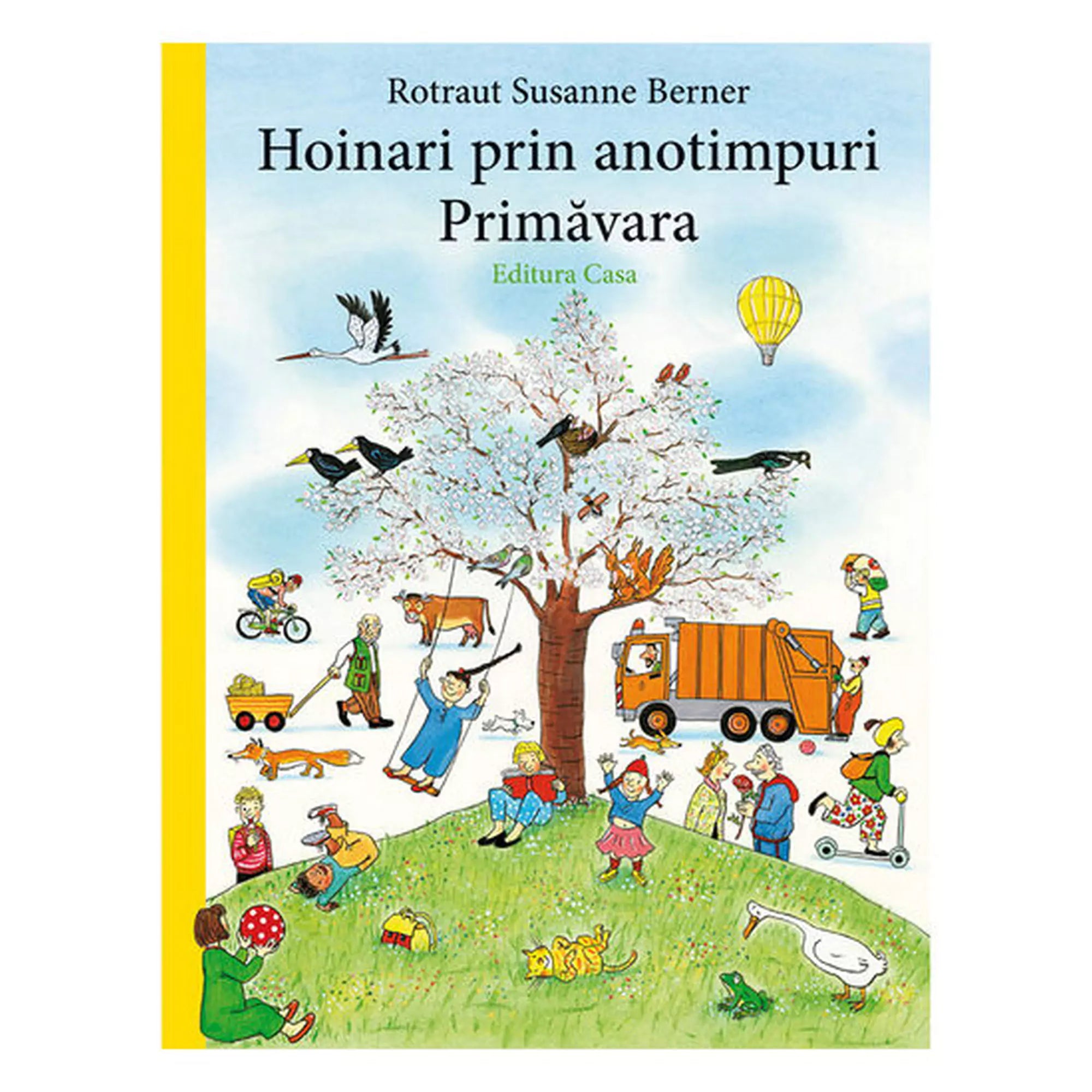 „Hoinari prin anotimpuri, Primăvara” román nyelvű könyv borítója, tavaszi jelenettel, virágzó fával, gyerekekkel és állatokkal.