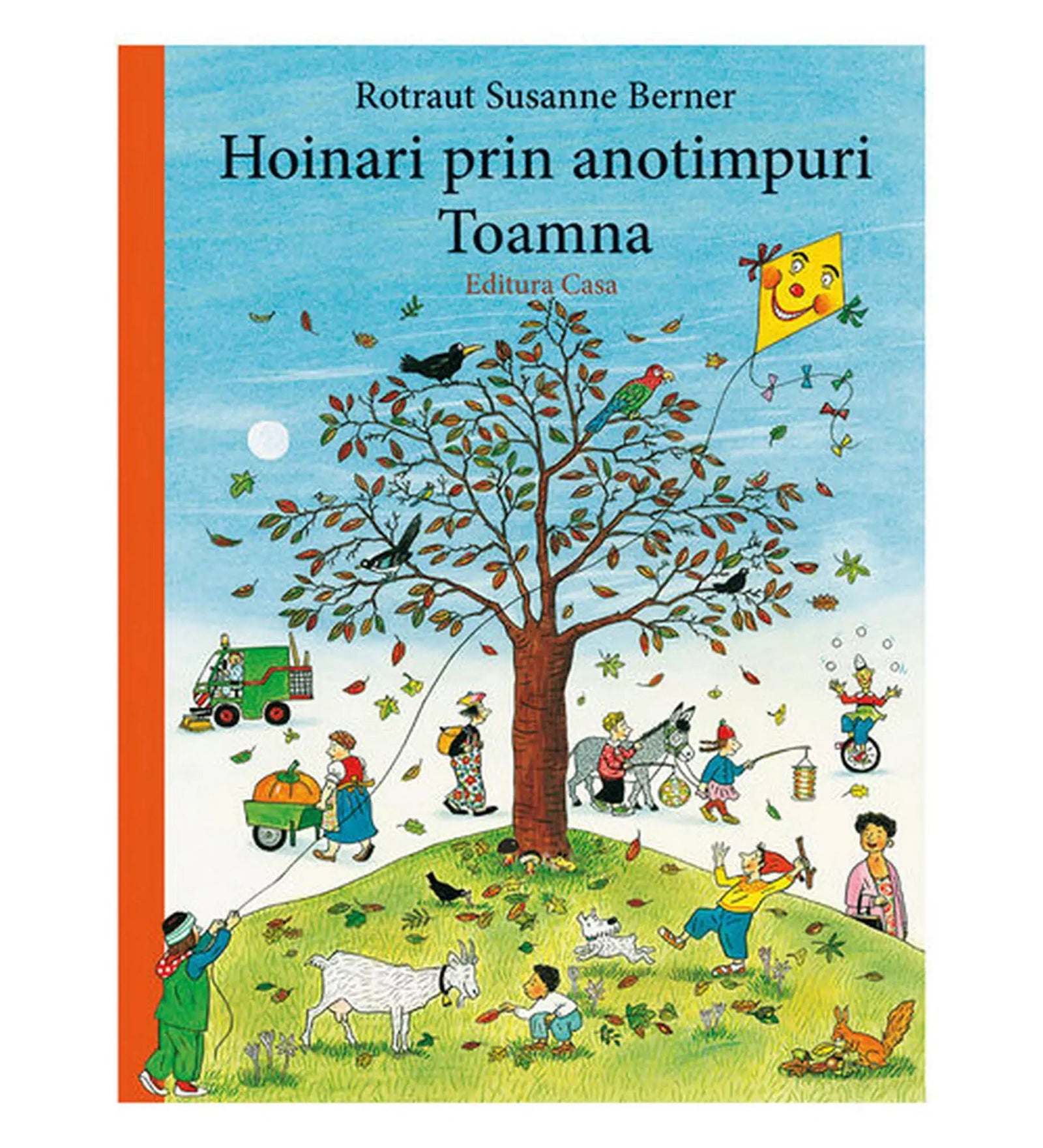 „Hoinari prin anotimpuri, Toamna” román nyelvű könyv borítója, őszi jelenettel, hulló falevelekkel, emberekkel, állatokkal és színes programokkal.