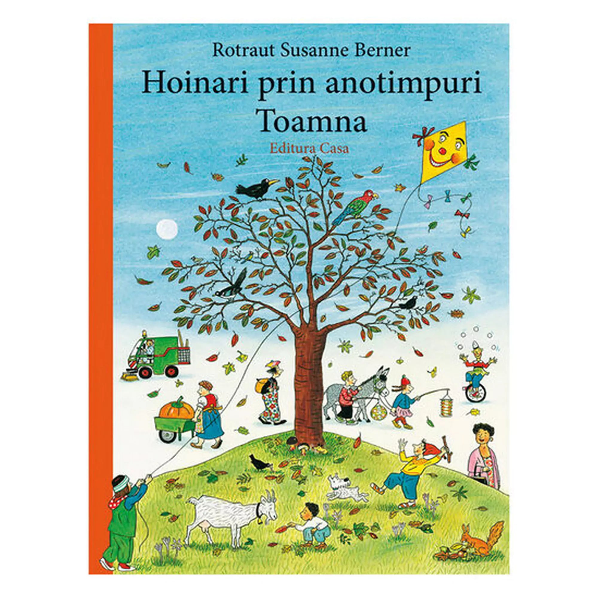 „Hoinari prin anotimpuri, Toamna” román nyelvű könyv borítója, őszi jelenettel, hulló falevelekkel, emberekkel, állatokkal és színes programokkal.