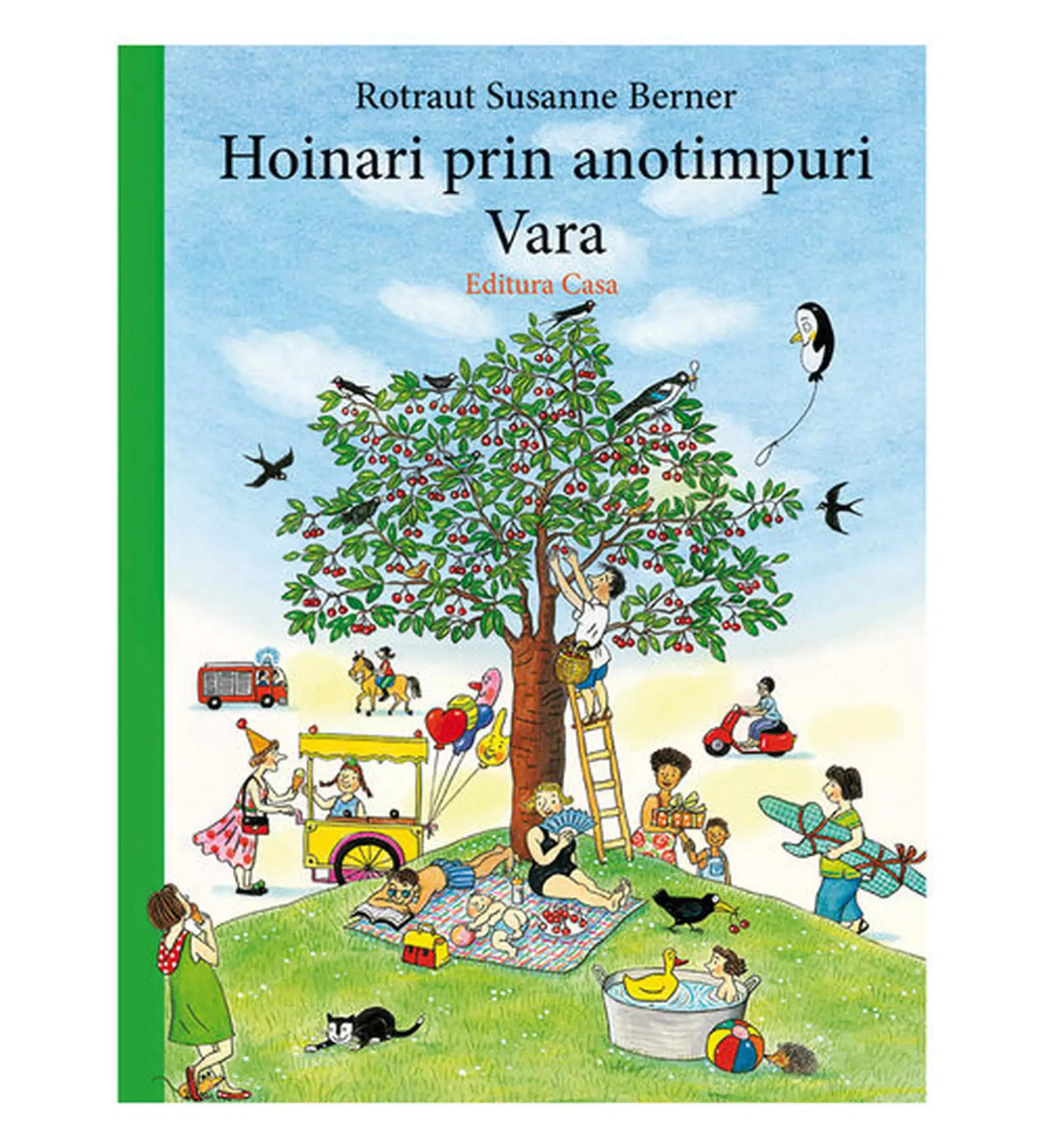 „Hoinari prin anotimpuri, Vara” román nyelvű könyv borítója, nyári piknikkel, cseresznyefával, gyerekekkel és vidám szabadtéri jelenettel.