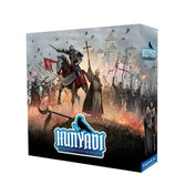 A Hunyadi – A nándorfehérvári diadal társasjáték doboza, amelyen lovagok, szerzetesek és zászlóvivők harci jelenete látható a vár ostrománál.