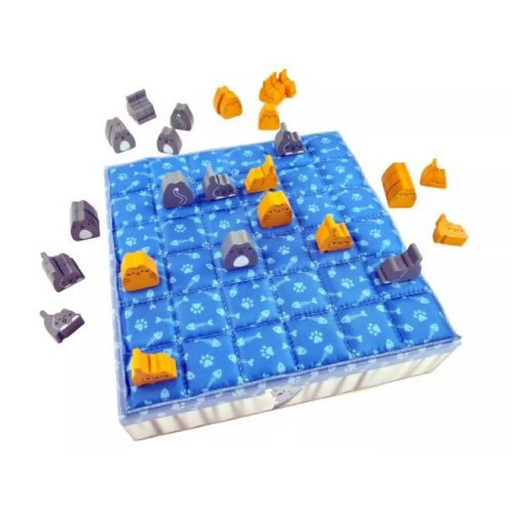 A Hupp társasjáték játéktáblája macskás bábukkal a puha, kockás felületen.