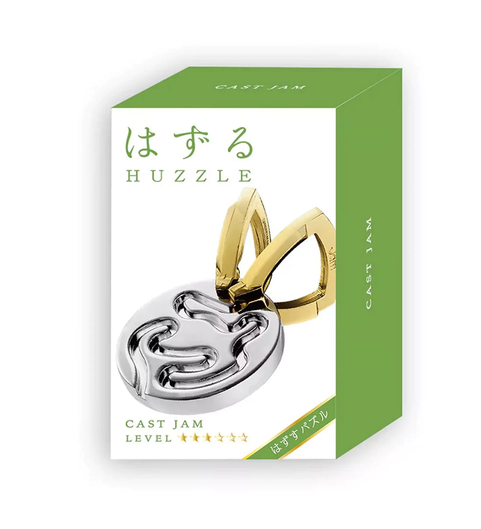 Huzzle Cast JAM puzzle zöld dobozban, japán Huzzle felirattal és a logikai játék illusztrációjával.