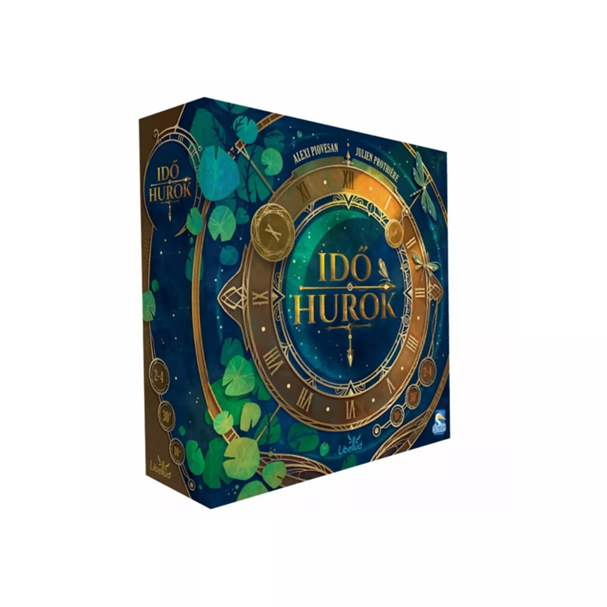 Az Időhurok társasjáték elegáns doboza, amelyen egy arany óraszerkezet és csillagokkal teli éjszakai égbolt látható. A dizájn varázslatos, misztikus hangulatot áraszt.