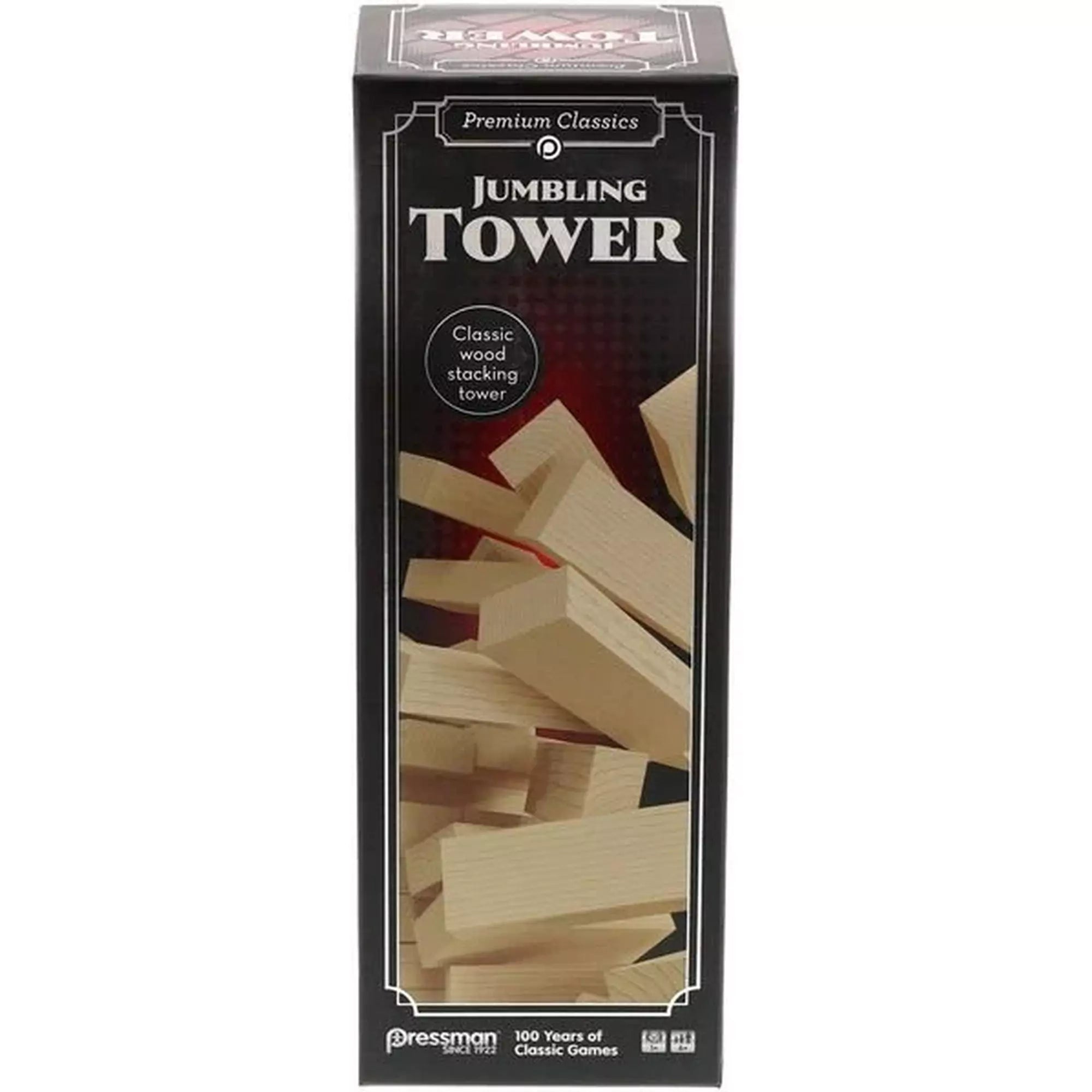 A Jumbling Tower doboza elölnézetből, fekete háttéren döntött fa elemek illusztrációjával és a „Classic wood stacking tower” felirattal.